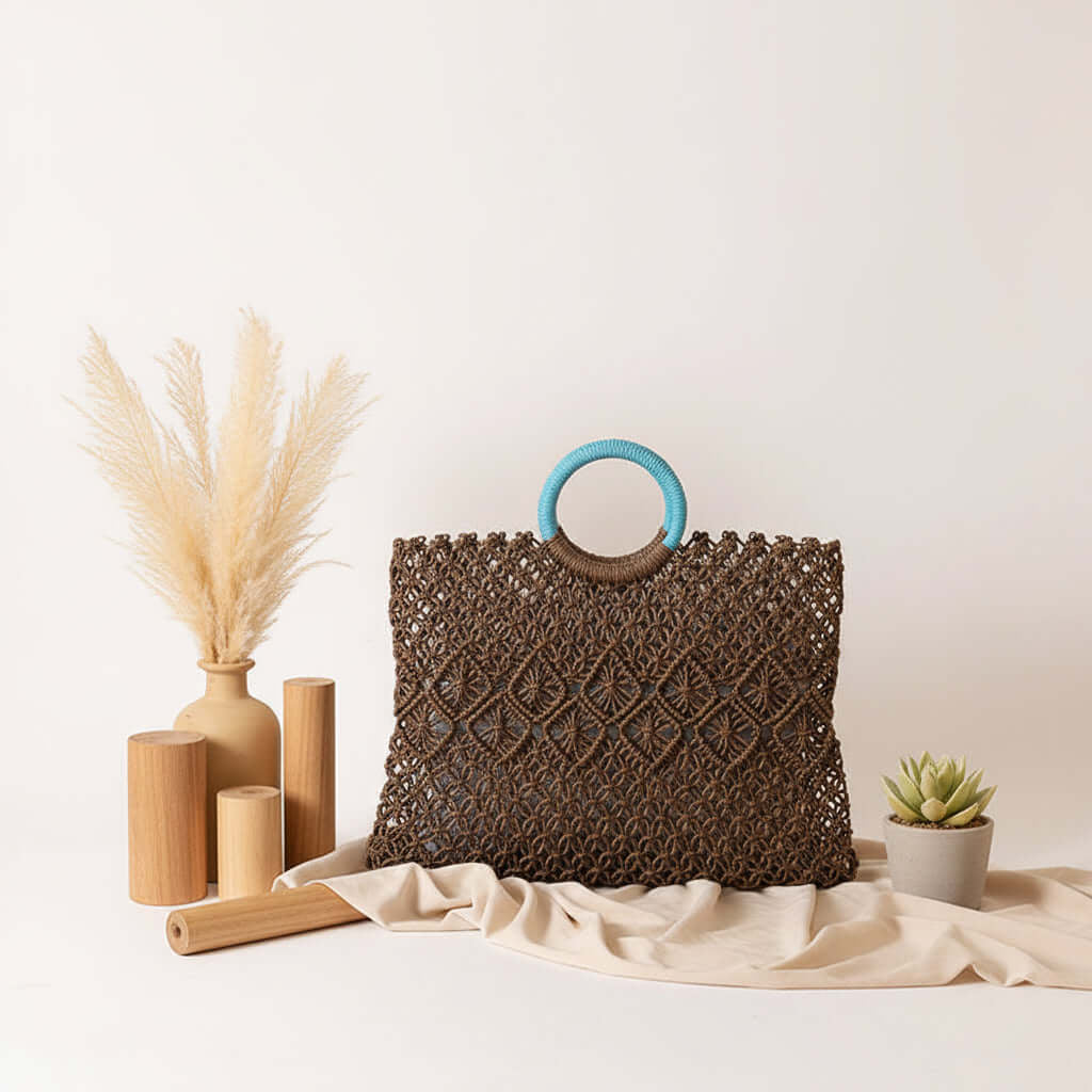 Round Handle Portable Square Straw Bag Summer Hollow Out Cutout Pattern Straw Bag