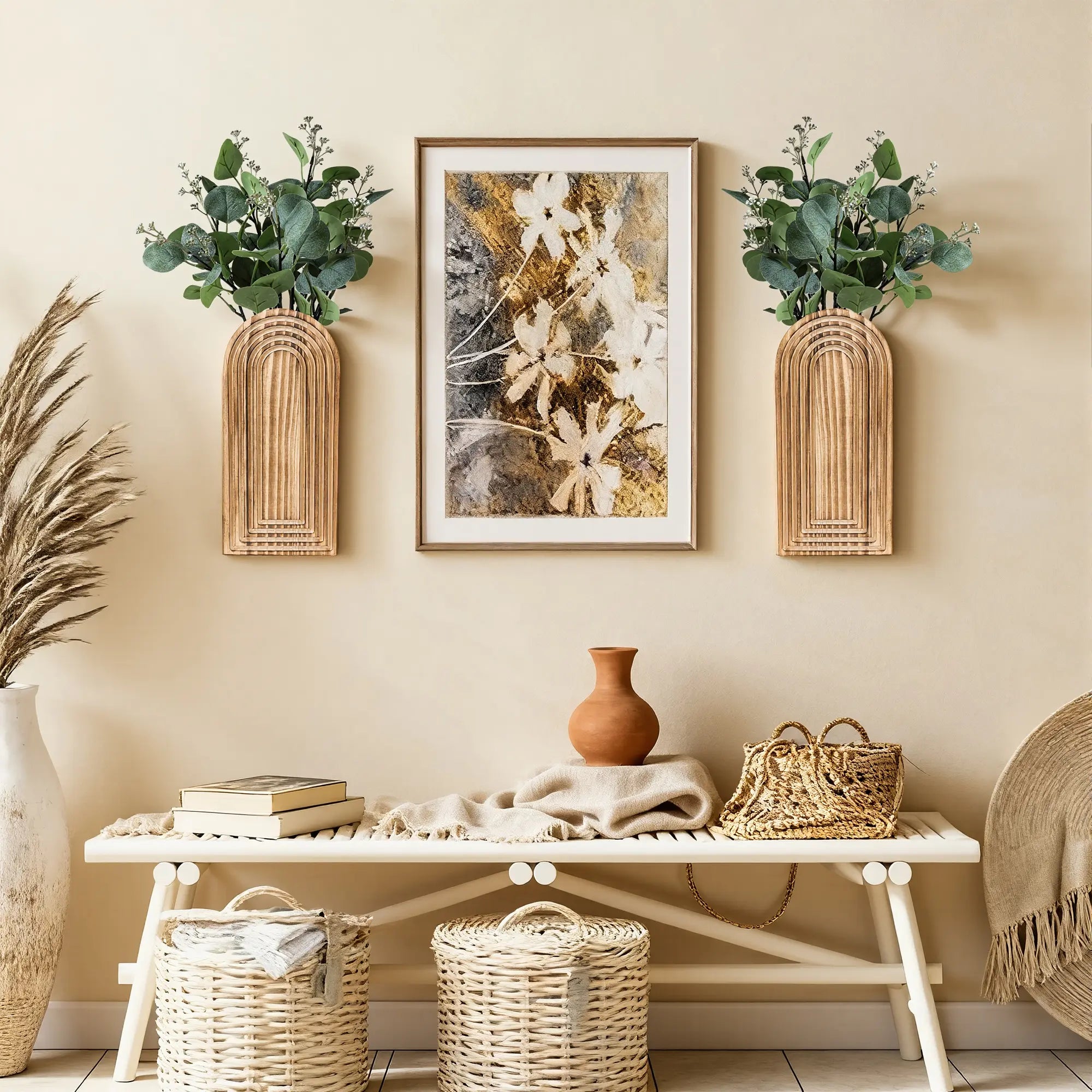 Ivydale 2 Pack Wooden Wall Vases with Fake Plants, Wall Hanging Planters Boho Modern Farmhouse Indoor for Narrow Spaces Entryway Bathroom Home Office Decoration, Brown