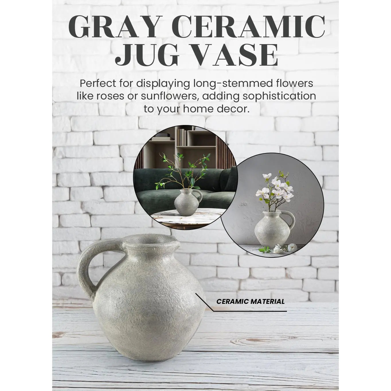 Serene Spaces Living Gray Ceramic Jug Vase 10.5 Diameter & 10.5 Tall Vintage Pitcher Design Stone like Texture Exotic Vase for Long Stemmed Flowers