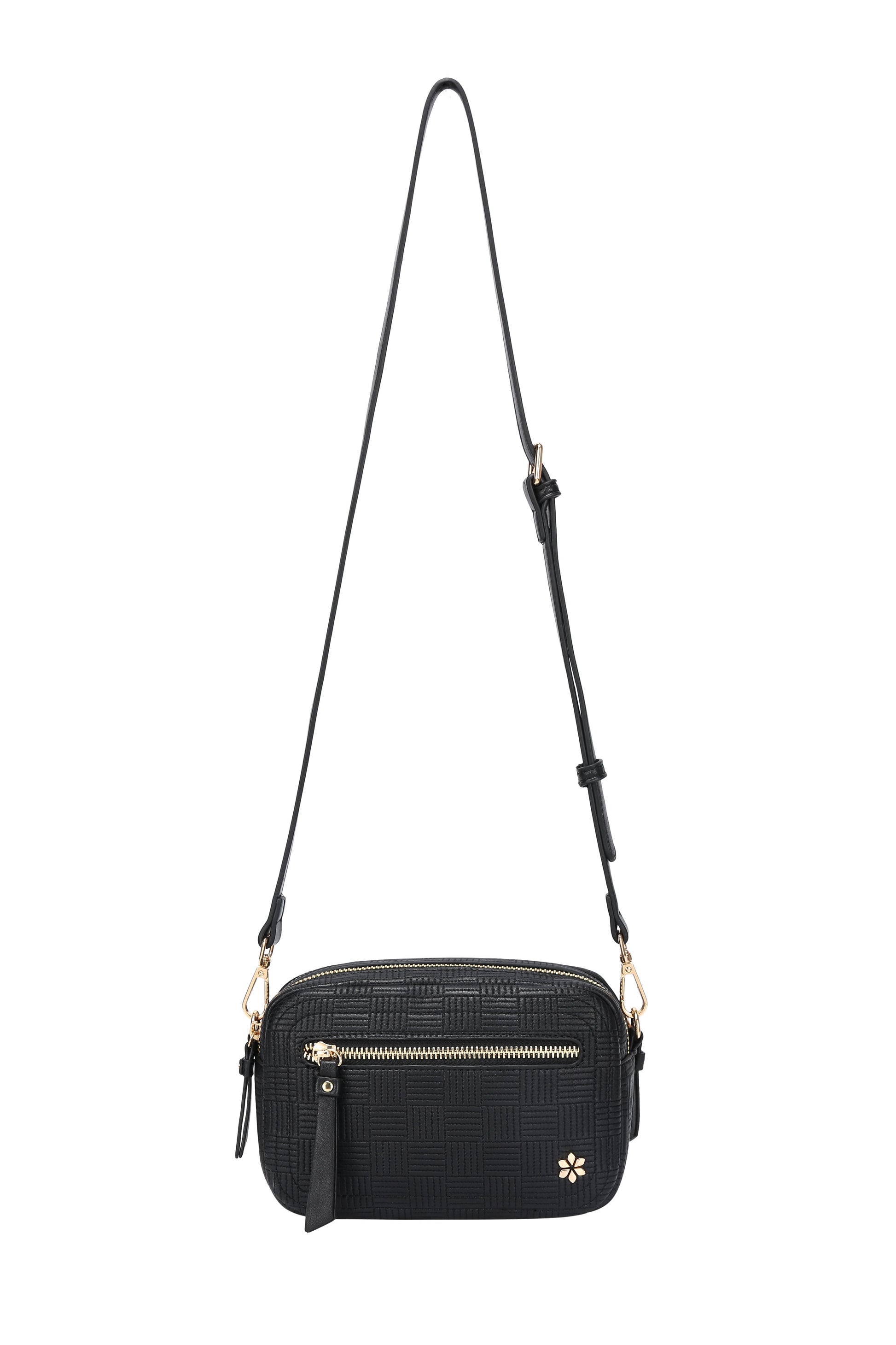 Dual Zipper Cross Body Shoulder Bag - PU Vegan Leather - Black Check