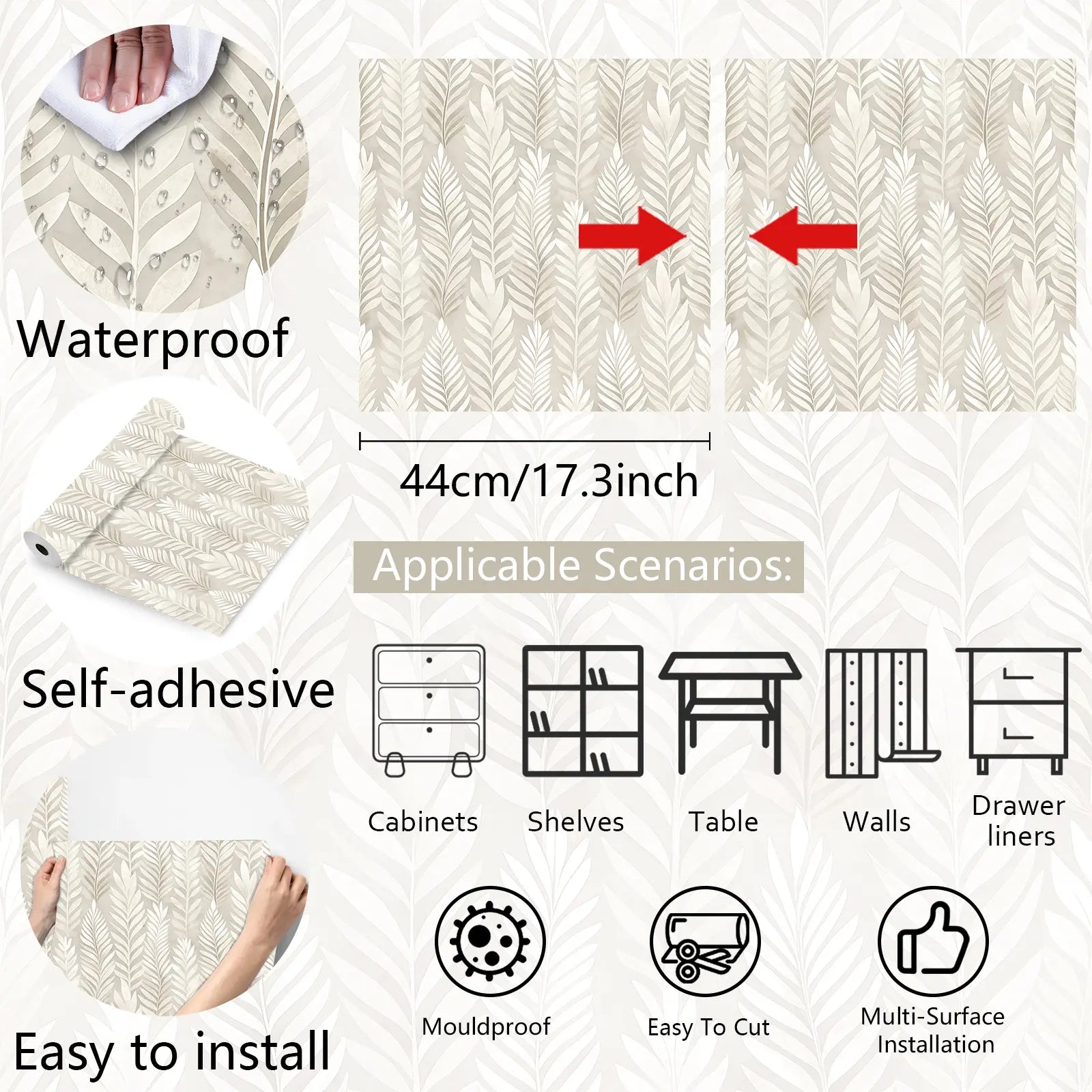 Beige Plant Pattern Peel and Stick Self-Adhesive Wallpaper - Waterproof Removable Oil-Proof | Easy to Cut Self-Adhesive Wall Sticker for Living Room, Kitchen & Bedroom Modern Decor Floral Wallpaper Peel and Stick
