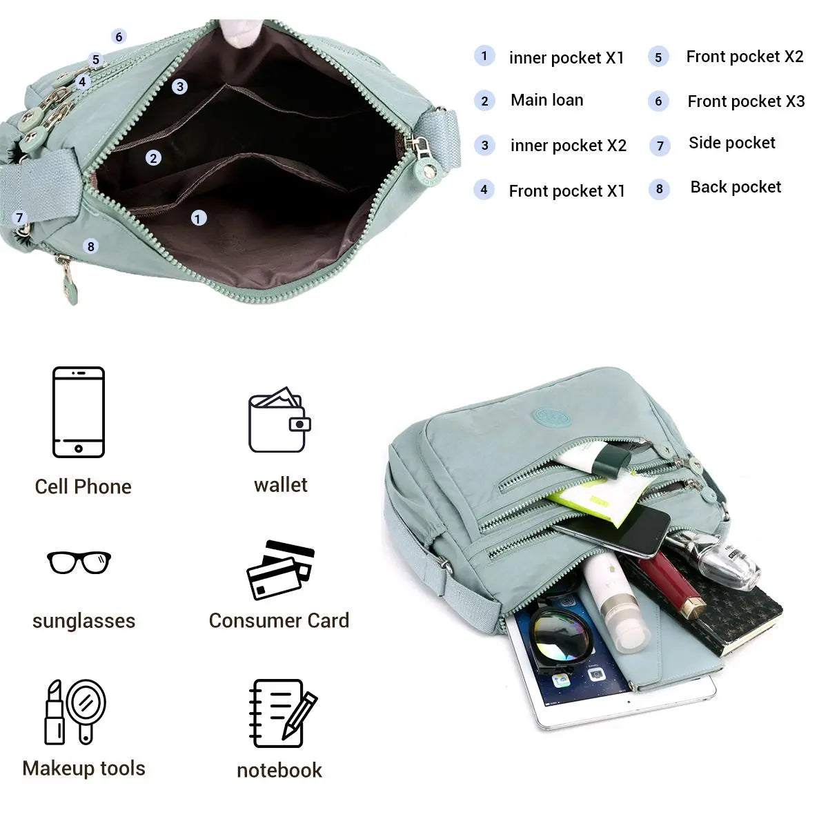 Nylon Fabric Crossbody Bag, Anti-Theftwomen'S Shoulder Bag, Multi-Layer Pocket Wallet, Solid Color Nylon Fanny Pack, Daily Commuting Nylon Bum Bag,Perfect for Mother'S Day & Valentine'S Day Gifts