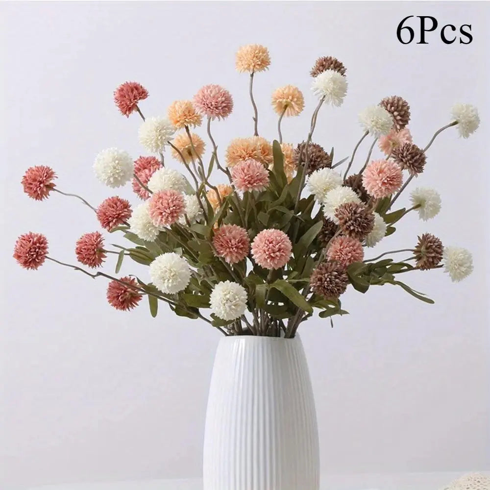 Decorative Silk Mum Bouquet-Shaped Artificial Flowers, 6/12 PCS Mix Color Indoor Faux Ping-Pong Ball Snowball Pom-Pom Bouquets (No Vase) for Home, Wedding Decor