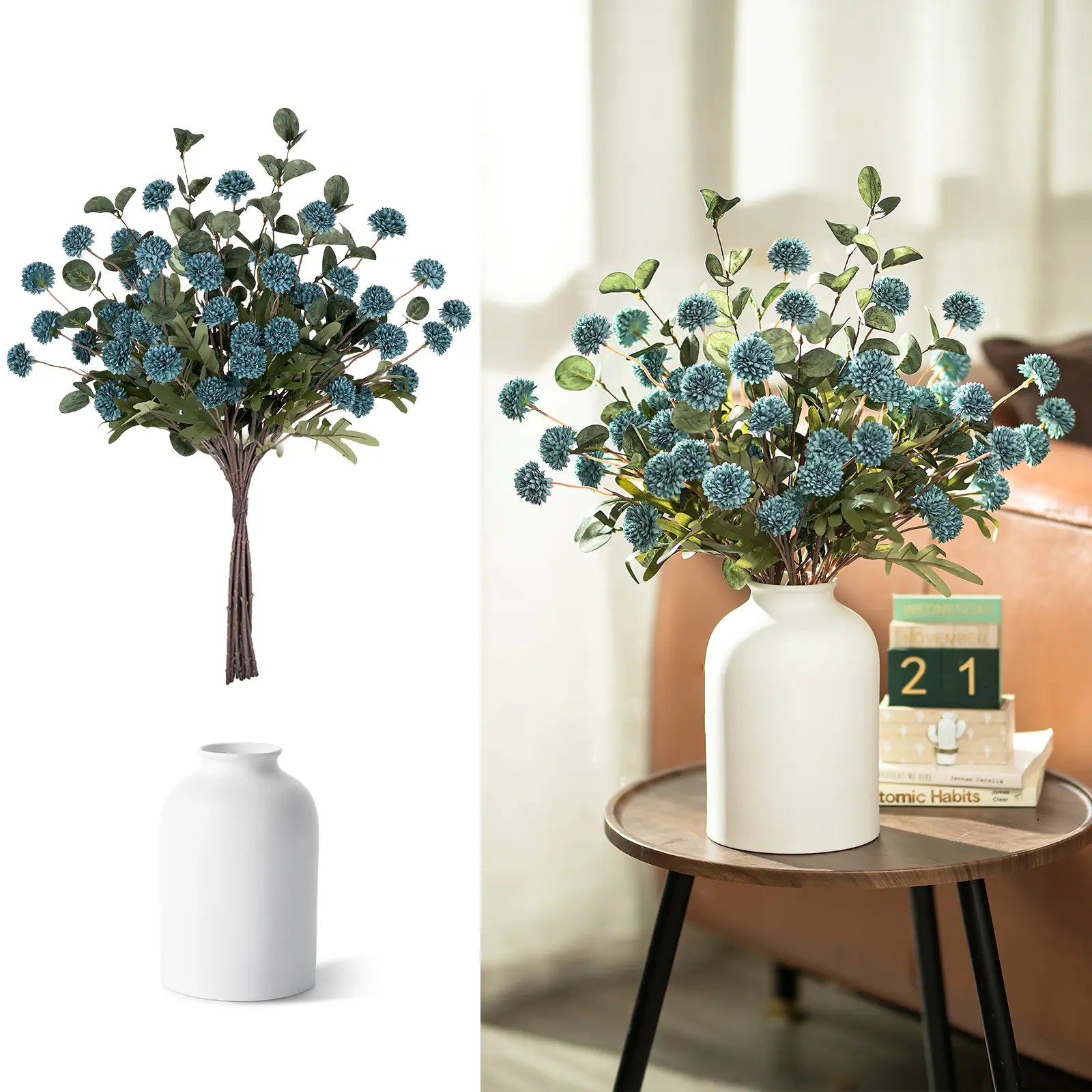 Artificial Flowers in Vase for Centerpieces: Vase with 12 Stems of Mums Kiku Flowers Eucalyptuses Faux Pom Poms Floral Arrangements for Kitchen Island Entryway Table