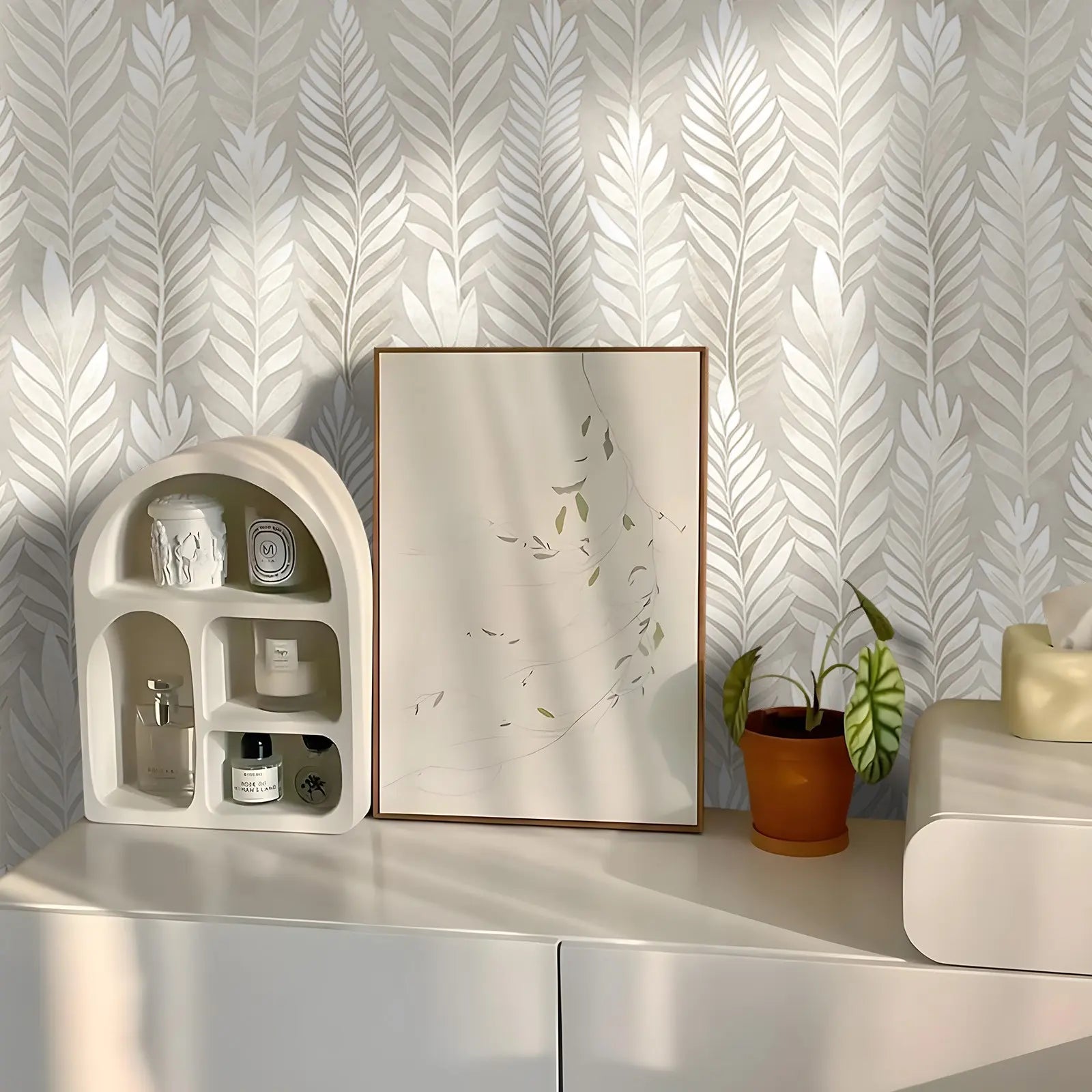 Beige Plant Pattern Peel and Stick Self-Adhesive Wallpaper - Waterproof Removable Oil-Proof | Easy to Cut Self-Adhesive Wall Sticker for Living Room, Kitchen & Bedroom Modern Decor Floral Wallpaper Peel and Stick