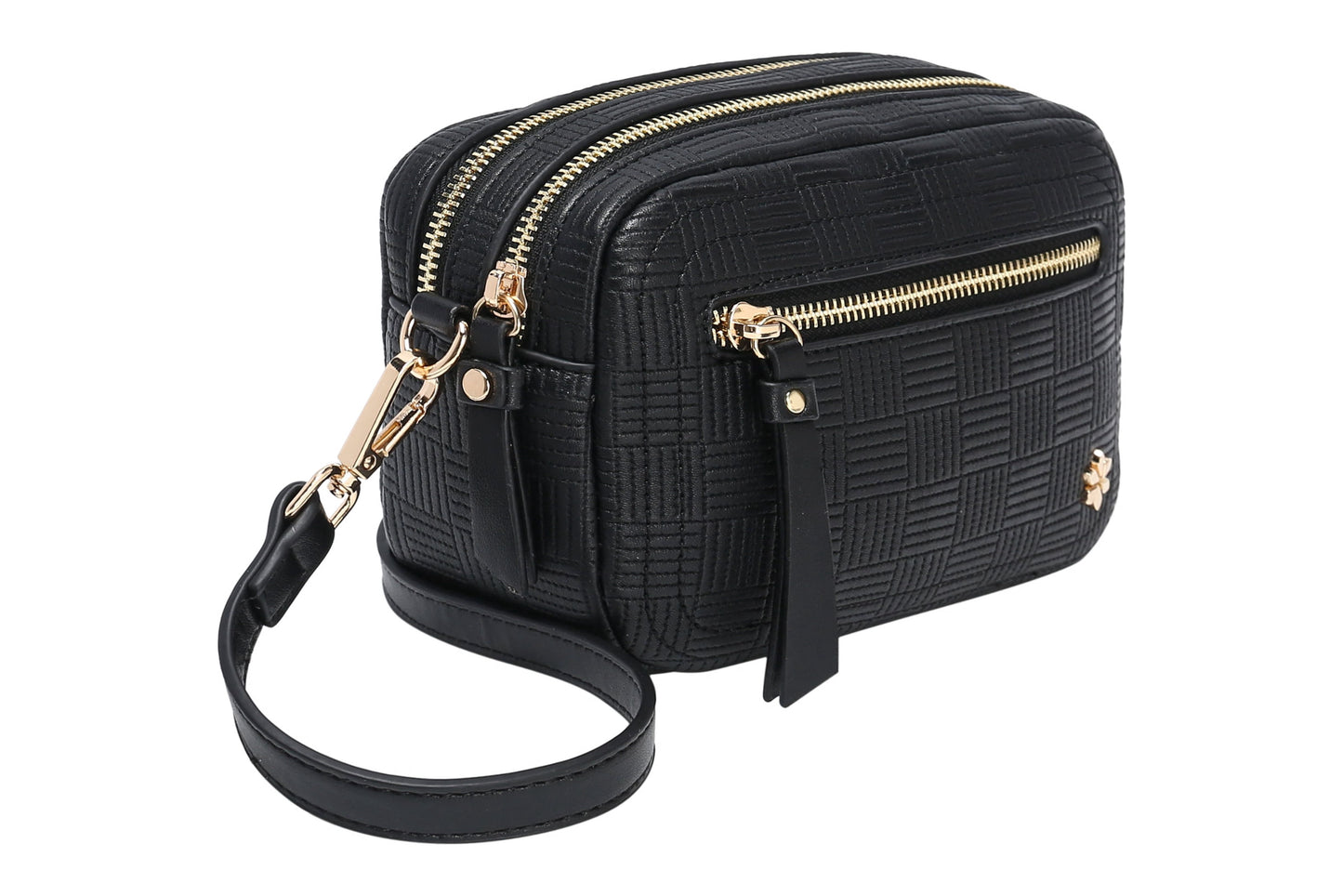 Dual Zipper Cross Body Shoulder Bag - PU Vegan Leather - Black Check