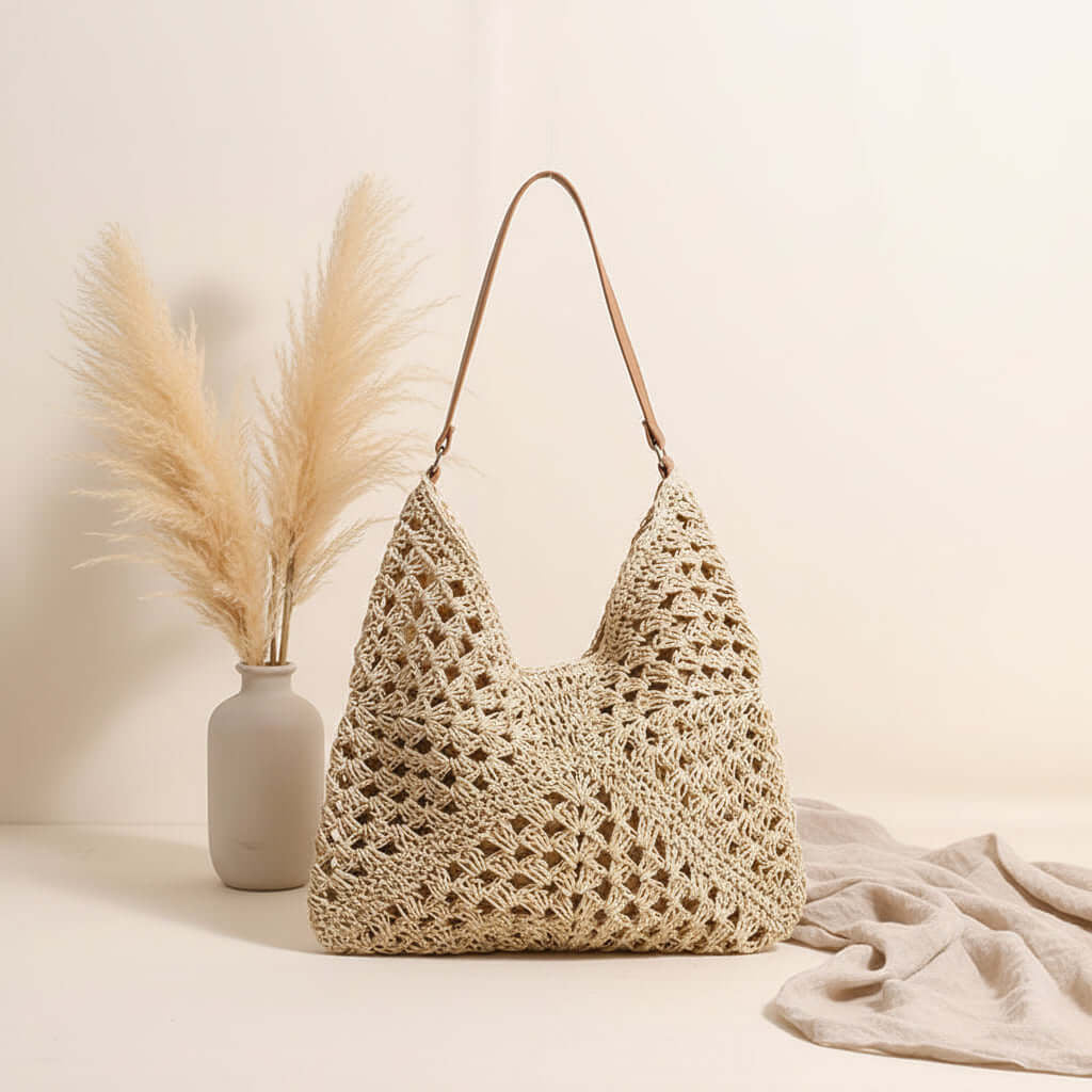 Handmade Crochet Beach Bag Large Capacity Hollow Out Shoulder Tote Bohemian Woven Triangle Bag for Vacation &Amp; Travel