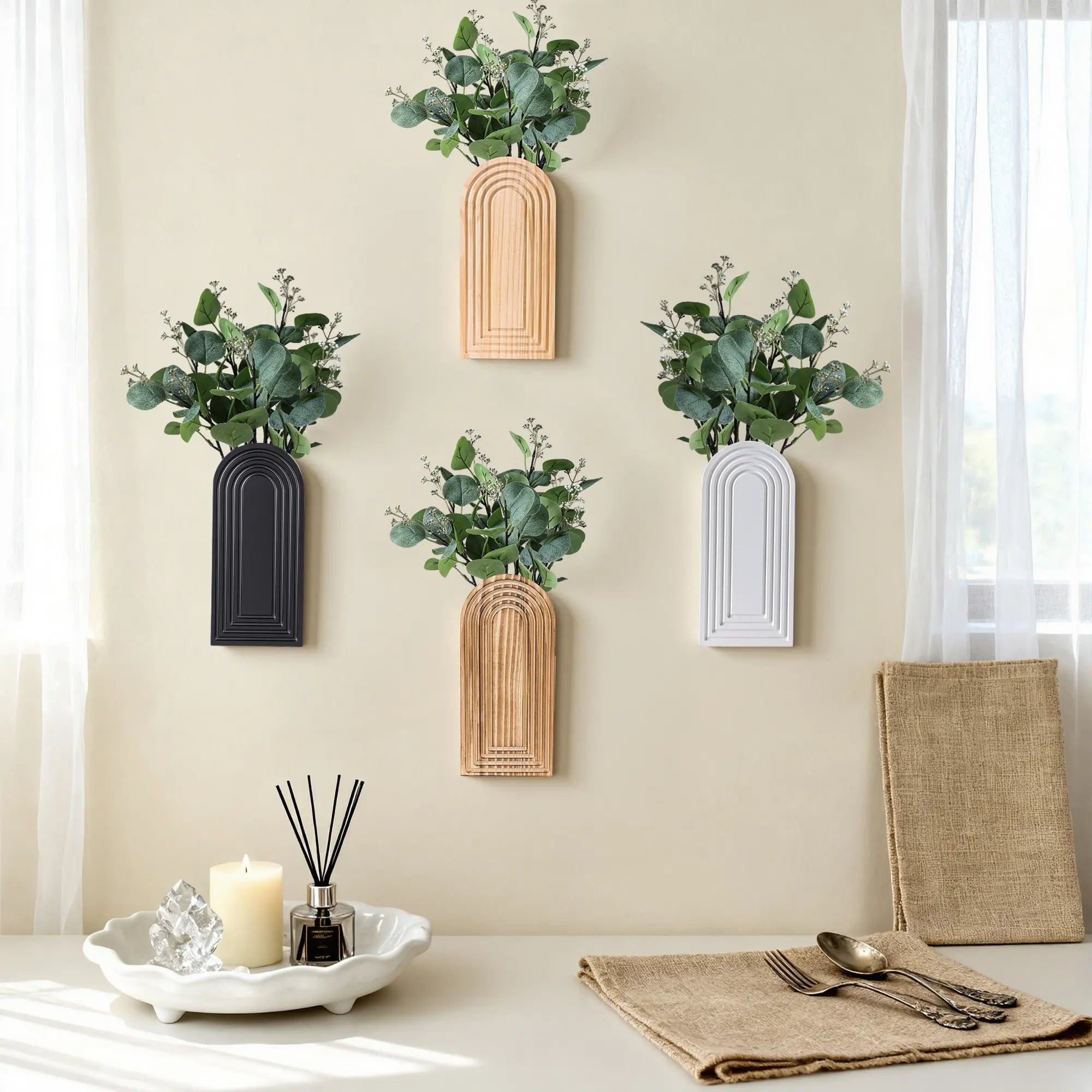 Ivydale 2 Pack Wooden Wall Vases with Fake Plants, Wall Hanging Planters Boho Modern Farmhouse Indoor for Narrow Spaces Entryway Bathroom Home Office Decoration, Brown