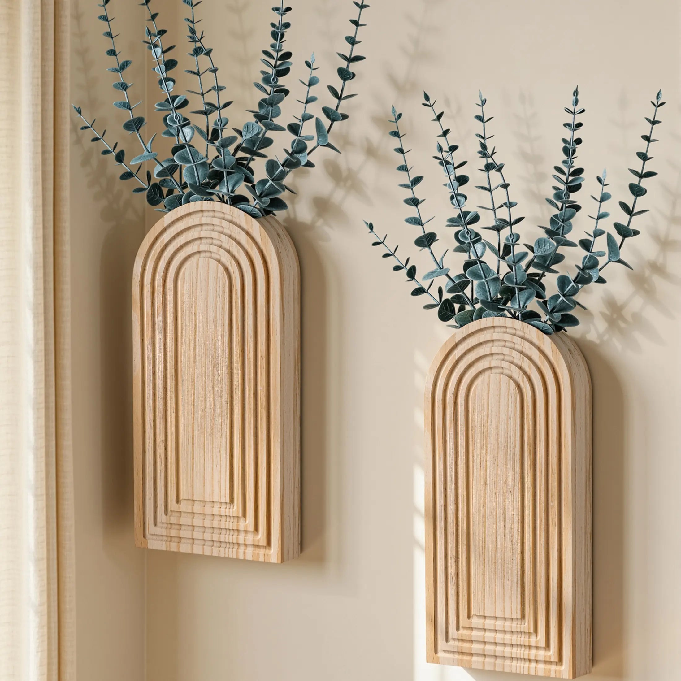Ivydale 2 Pack Wooden Wall Vases with Fake Plants, Wall Hanging Planters Boho Modern Farmhouse Indoor for Narrow Spaces Entryway Bathroom Home Office Decoration, Brown