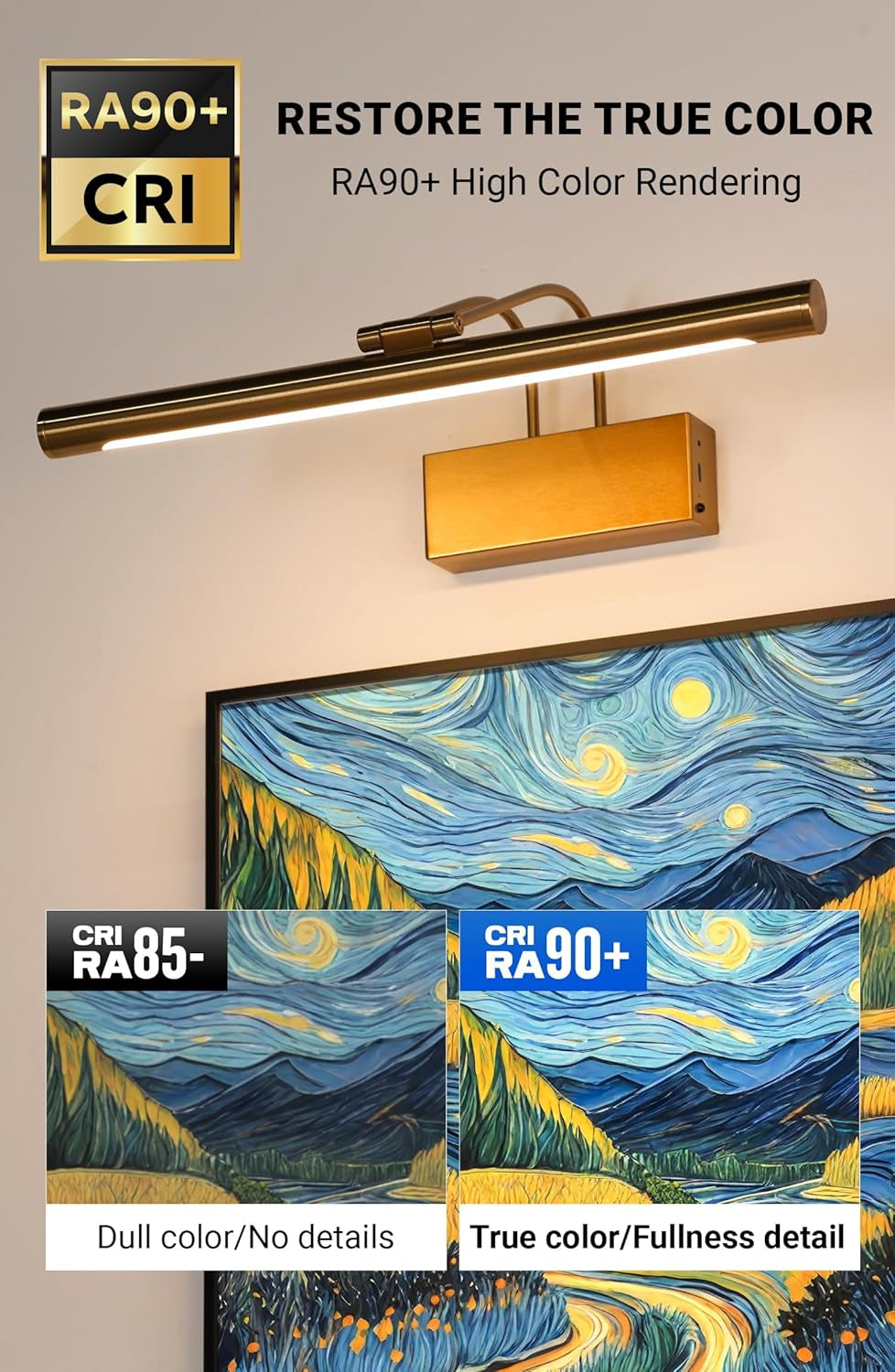 Battery Operated Picture Light for Wall 16 Inch Wireless Art Lighting Brass Painting Light Gold Dimmable Gallery Lights Rechargeable Picture Frame Light with IR Remote Control