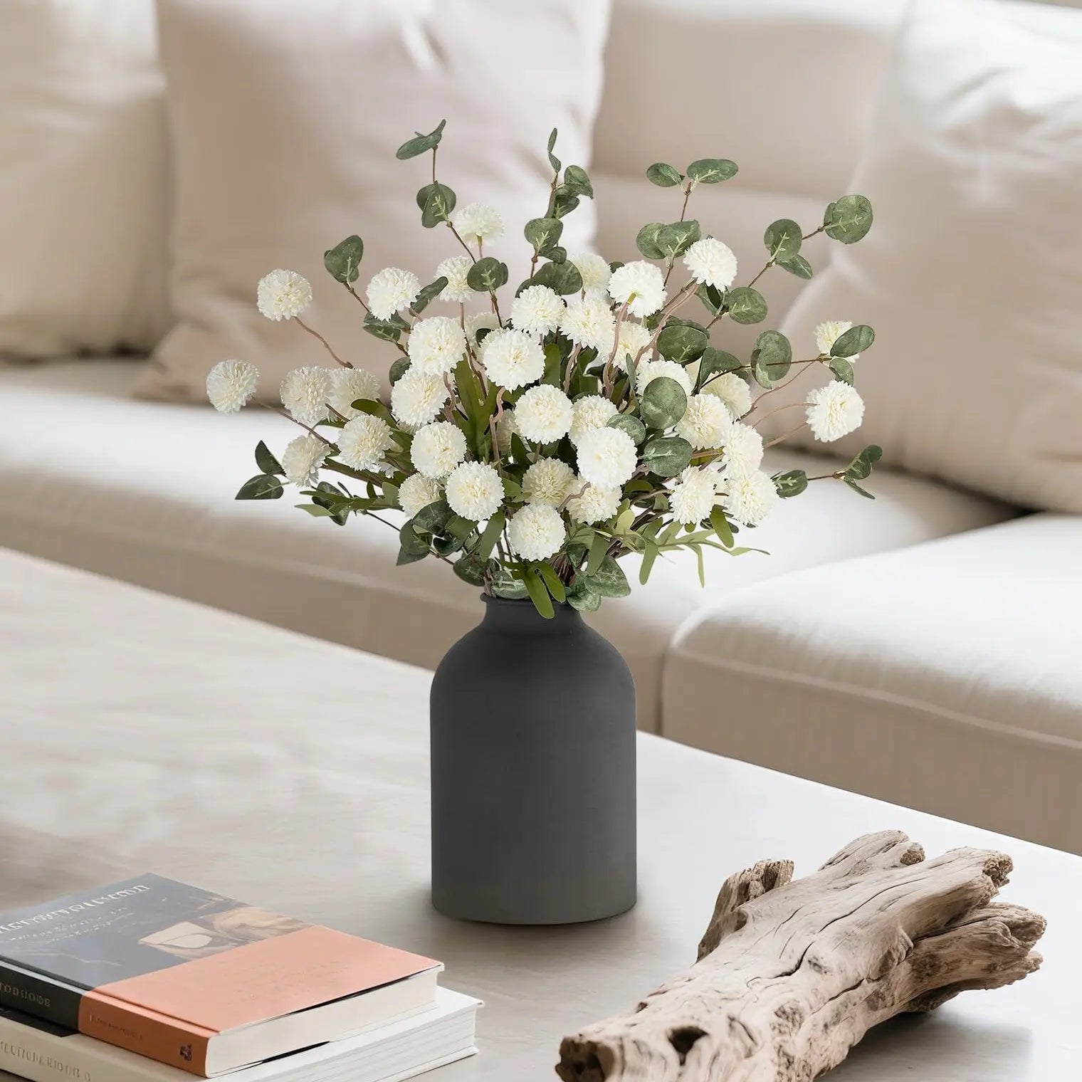 Artificial Flowers in Vase for Centerpieces: Vase with 12 Stems of Mums Kiku Flowers Eucalyptuses Faux Pom Poms Floral Arrangements for Kitchen Island Entryway Table
