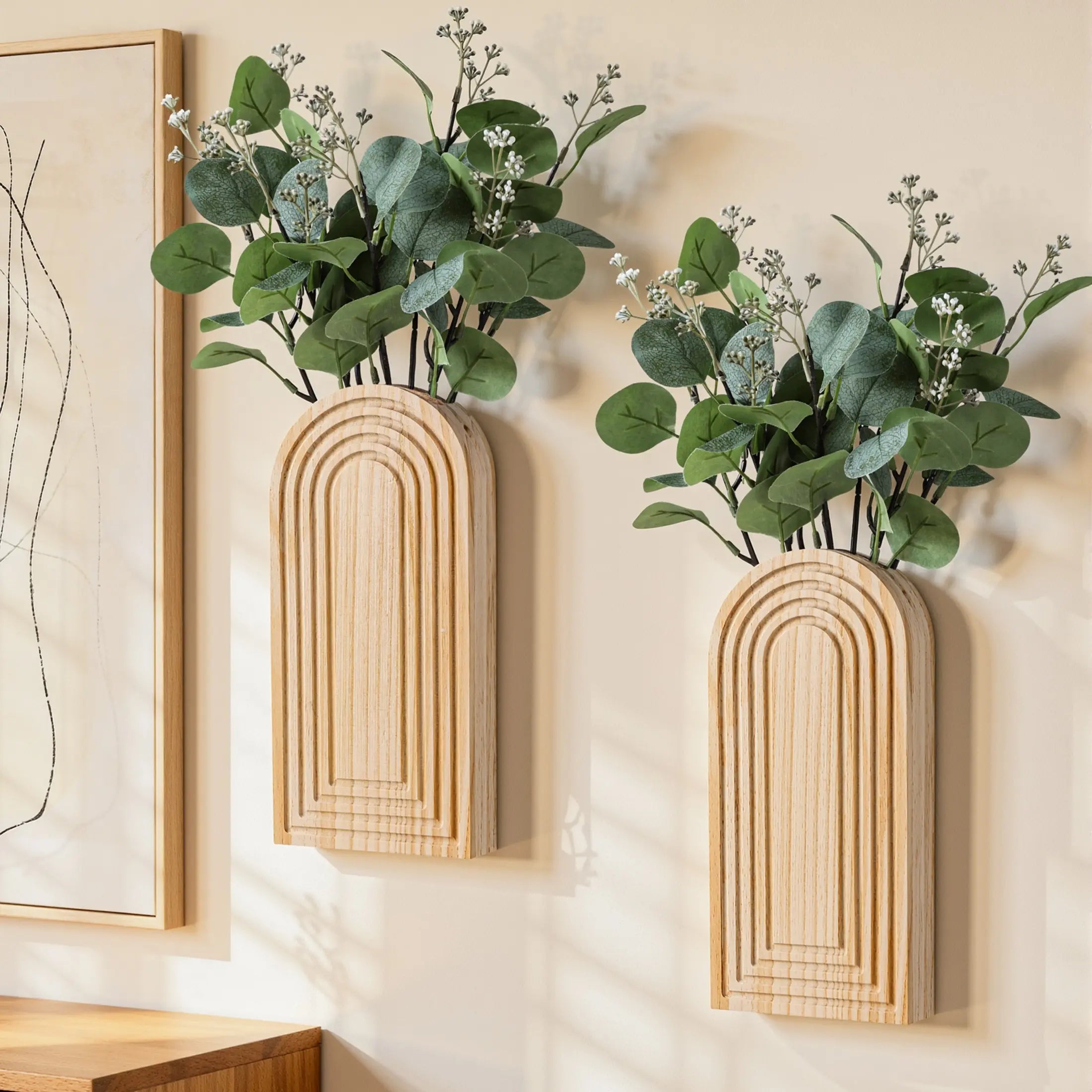 Ivydale 2 Pack Wooden Wall Vases with Fake Plants, Wall Hanging Planters Boho Modern Farmhouse Indoor for Narrow Spaces Entryway Bathroom Home Office Decoration, Brown