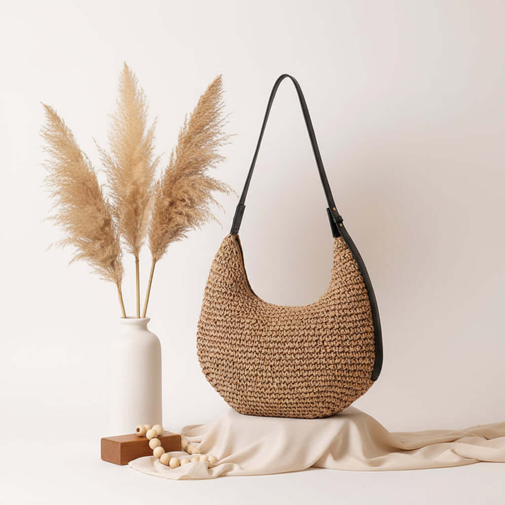 Asymmetric Straw Shoulder Bag Woven Bag Solid Color