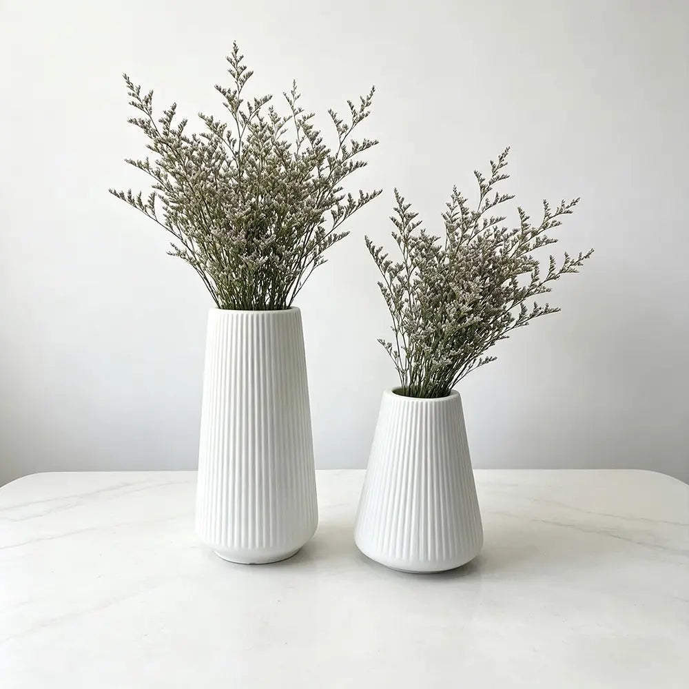 Set of 2 Matte Cream White Ribbed Plastic Vases - Unbreakable Modern Wabi-Sabi Flower Vase, Decorative Vase, Lightweight Centerpiece for Dried Pampas & Fresh Flowers, Ideal for Living Room, Bedroom, Office, Housewarming Gift, Home Decor Vase