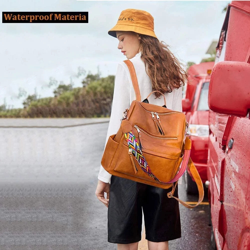 Backpack Purse for Women Fashion Waterproof PU Leather School Backpack Convertible Shoulder Bags Brown