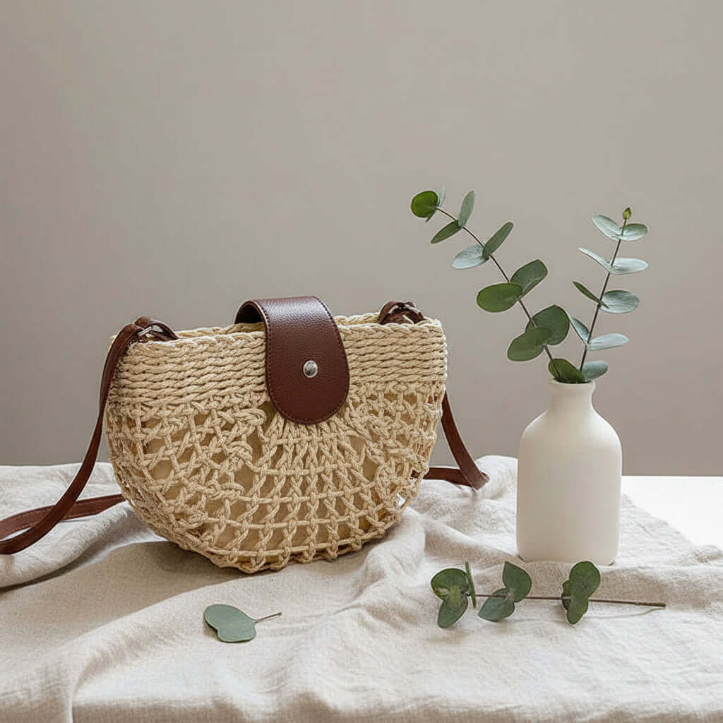 Semicircle Straw Crossbody Bag Hollow Out Cutout Woven Shoulder Bag