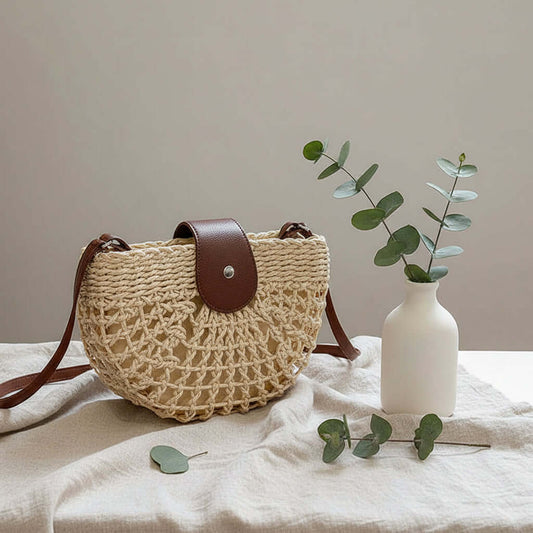 Semicircle Straw Crossbody Bag Hollow Out Cutout Woven Shoulder Bag
