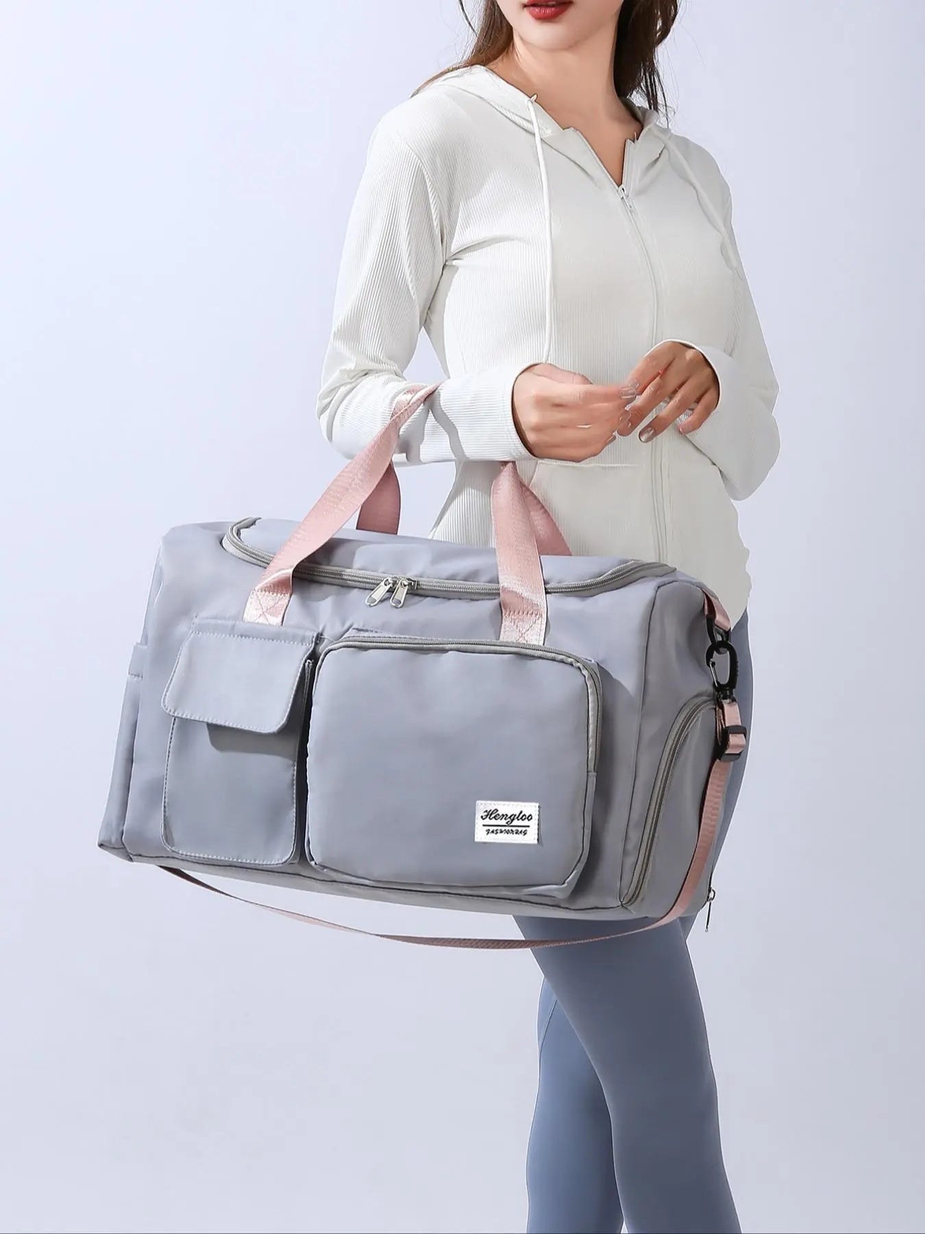 Women'S Fashion Large Capacity Travel Bag, Solid Color Letter Patch Zipper Pocket Travel Bag, Casual Lightweight Travel Bag for Gym & Short Business Trips, Durable Travel Duffels, Gym Bag, Travel Duffle Bag
