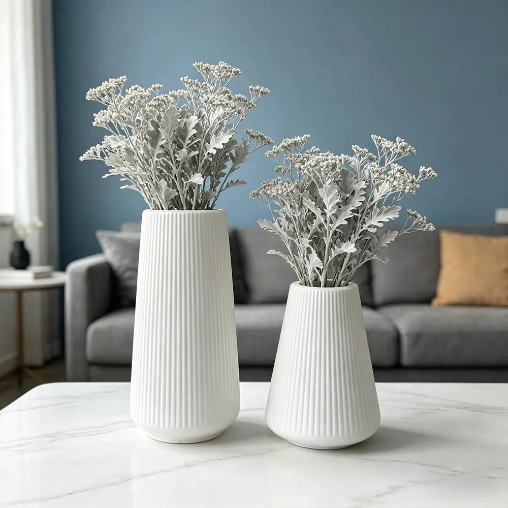 Set of 2 Matte Cream White Ribbed Plastic Vases - Unbreakable Modern Wabi-Sabi Flower Vase, Decorative Vase, Lightweight Centerpiece for Dried Pampas & Fresh Flowers, Ideal for Living Room, Bedroom, Office, Housewarming Gift, Home Decor Vase