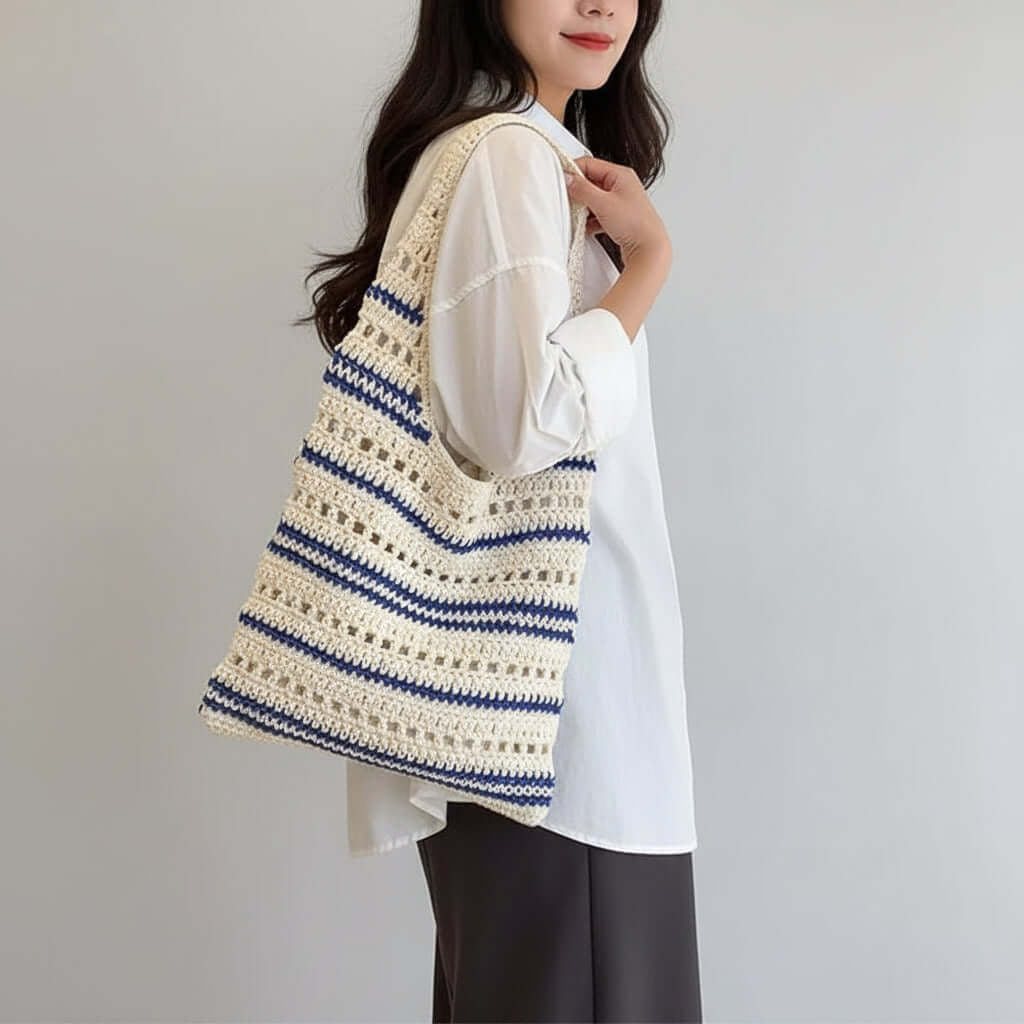 Striped Woven Beach Bag Large Capacity