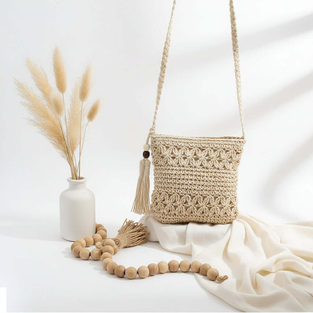 Beaded Tassel Straw Crossbody Bag Floral