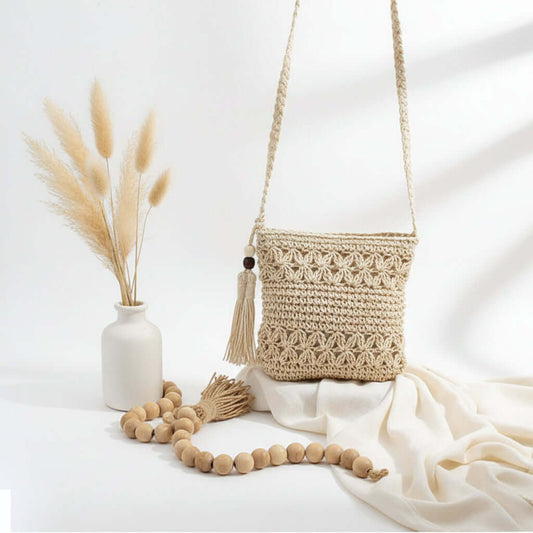 Beaded Tassel Straw Crossbody Bag Floral