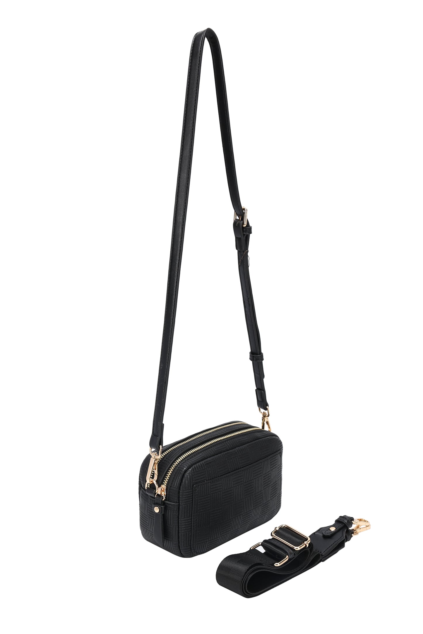 Dual Zipper Cross Body Shoulder Bag - PU Vegan Leather - Black Check