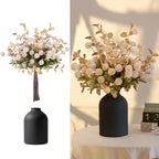 Artificial Flowers in Vase for Centerpieces: Vase with 12 Stems of Mums Kiku Flowers Eucalyptuses Faux Pom Poms Floral Arrangements for Kitchen Island Entryway Table