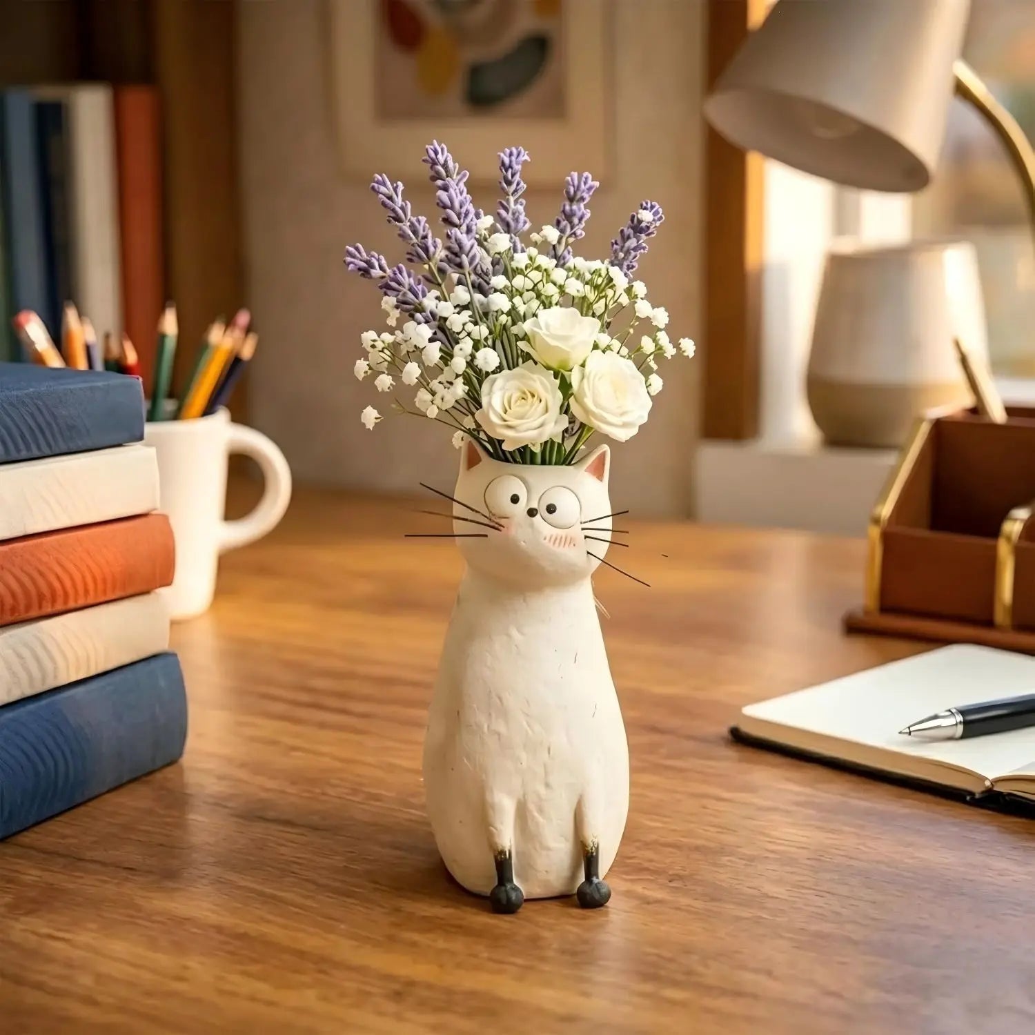 Exquisite and Quirky Little Cat Vase Home Desk Resin Decorative Piece Unique Design for Home Office Settings Lightweight Durable Material Whimsical Decor Swan Flower Arrangement White