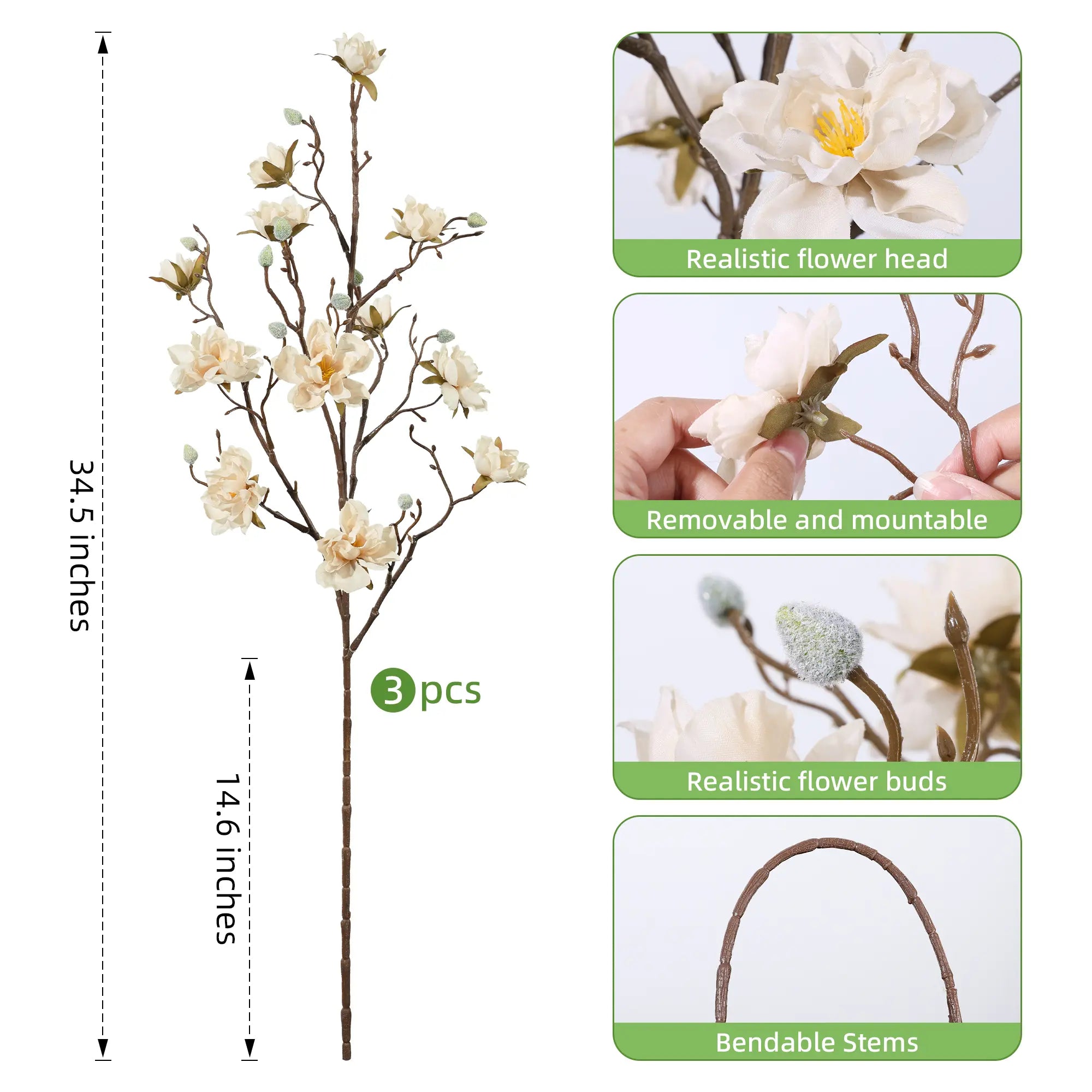 Ivydale 3PCS Artificial Magnolia Flowers Stems for Spring Decoration, Faux Champagne Magnolia Branches with Buds, 34.5" Long Stems Floral Arrangement for Vase Pot Table Centerpiece Indoor Decor