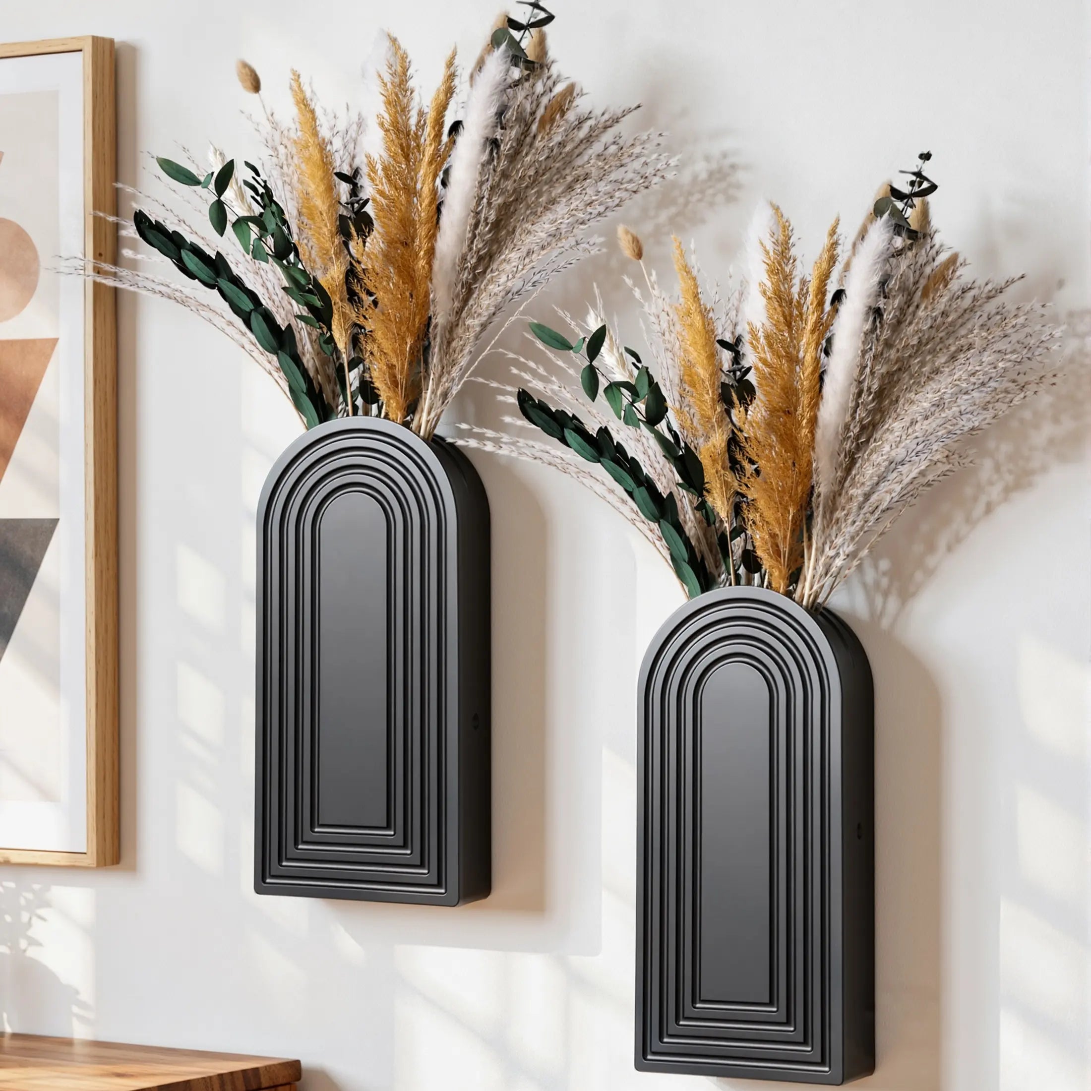 Ivydale 2 Pack Wooden Wall Vases with Fake Plants, Wall Hanging Planters Boho Modern Farmhouse Indoor for Narrow Spaces Entryway Bathroom Home Office Decoration, Brown