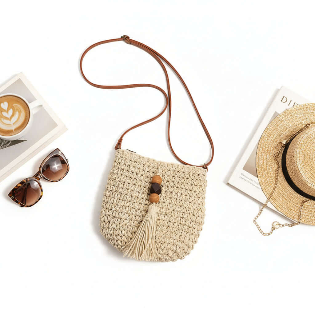 Crossbody Straw Beach Bag with Wooden Bead Tassels