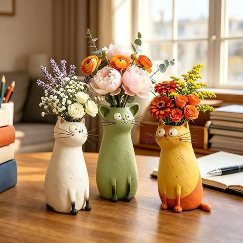 Exquisite and Quirky Little Cat Vase Home Desk Resin Decorative Piece Unique Design for Home Office Settings Lightweight Durable Material Whimsical Decor Swan Flower Arrangement White