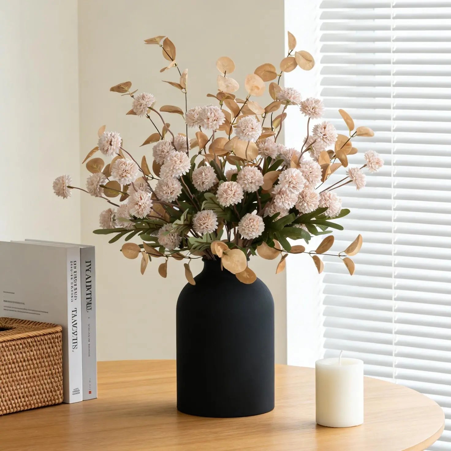Artificial Flowers in Vase for Centerpieces: Vase with 12 Stems of Mums Kiku Flowers Eucalyptuses Faux Pom Poms Floral Arrangements for Kitchen Island Entryway Table