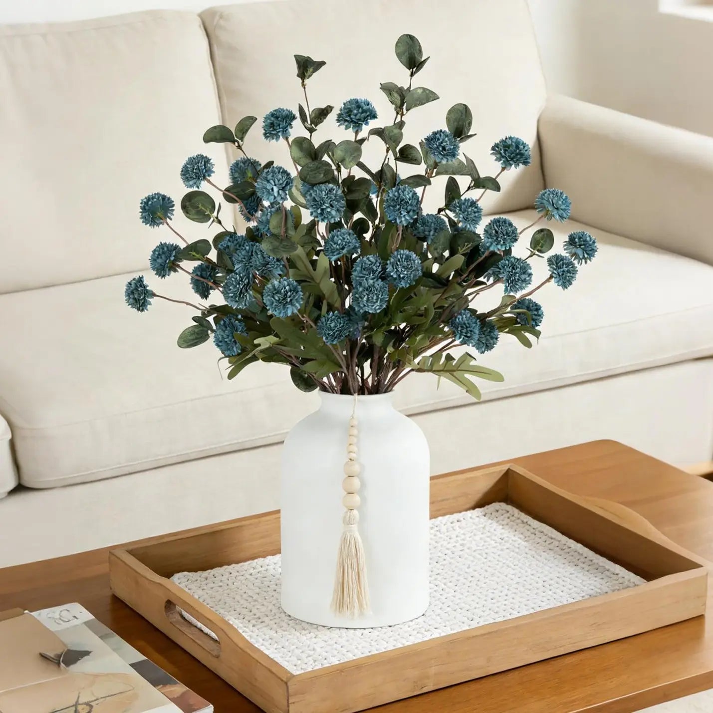 Artificial Flowers in Vase for Centerpieces: Vase with 12 Stems of Mums Kiku Flowers Eucalyptuses Faux Pom Poms Floral Arrangements for Kitchen Island Entryway Table
