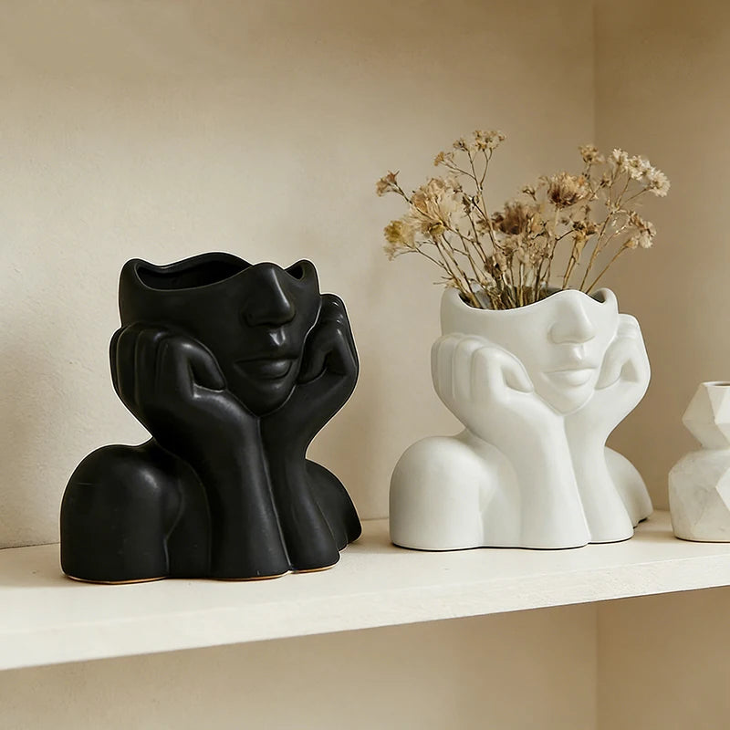 White Vinyl Face Vase Boho Minimalism Decorative Modern Nordic Flower Vases for Home Living Room Office Book Shelf Decor