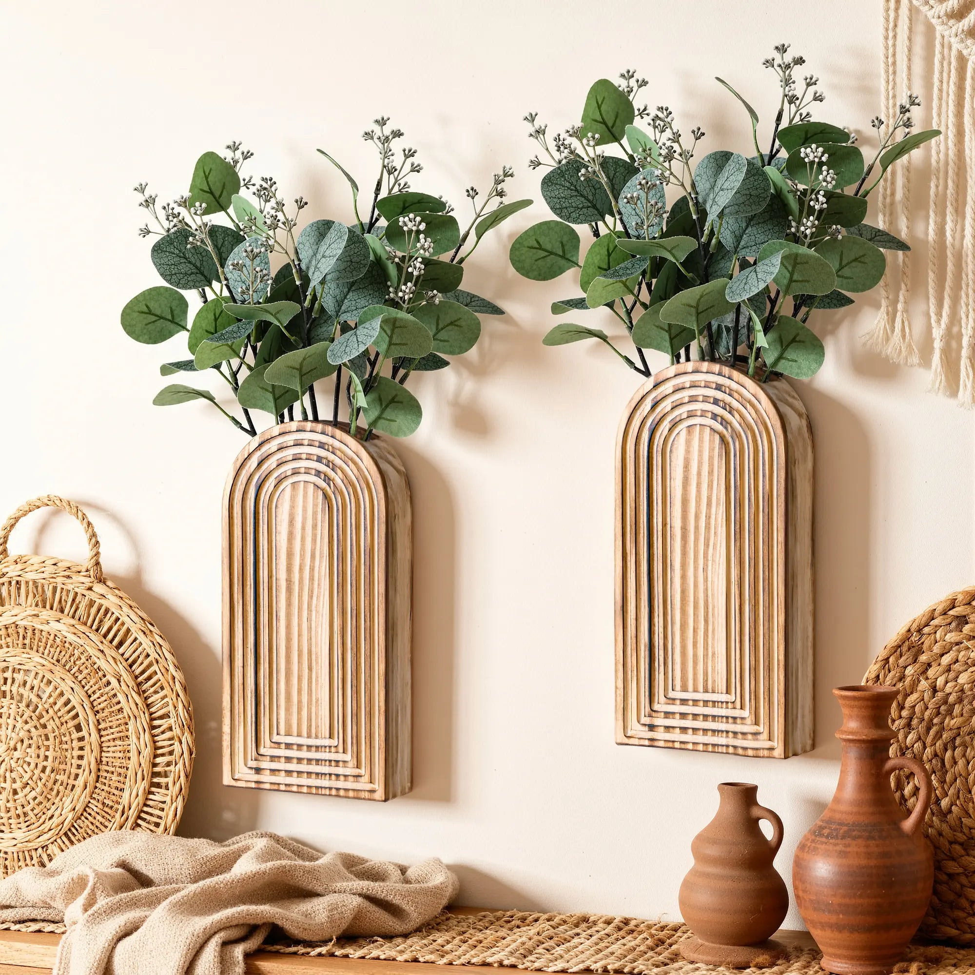 Ivydale 2 Pack Wooden Wall Vases with Fake Plants, Wall Hanging Planters Boho Modern Farmhouse Indoor for Narrow Spaces Entryway Bathroom Home Office Decoration, Brown