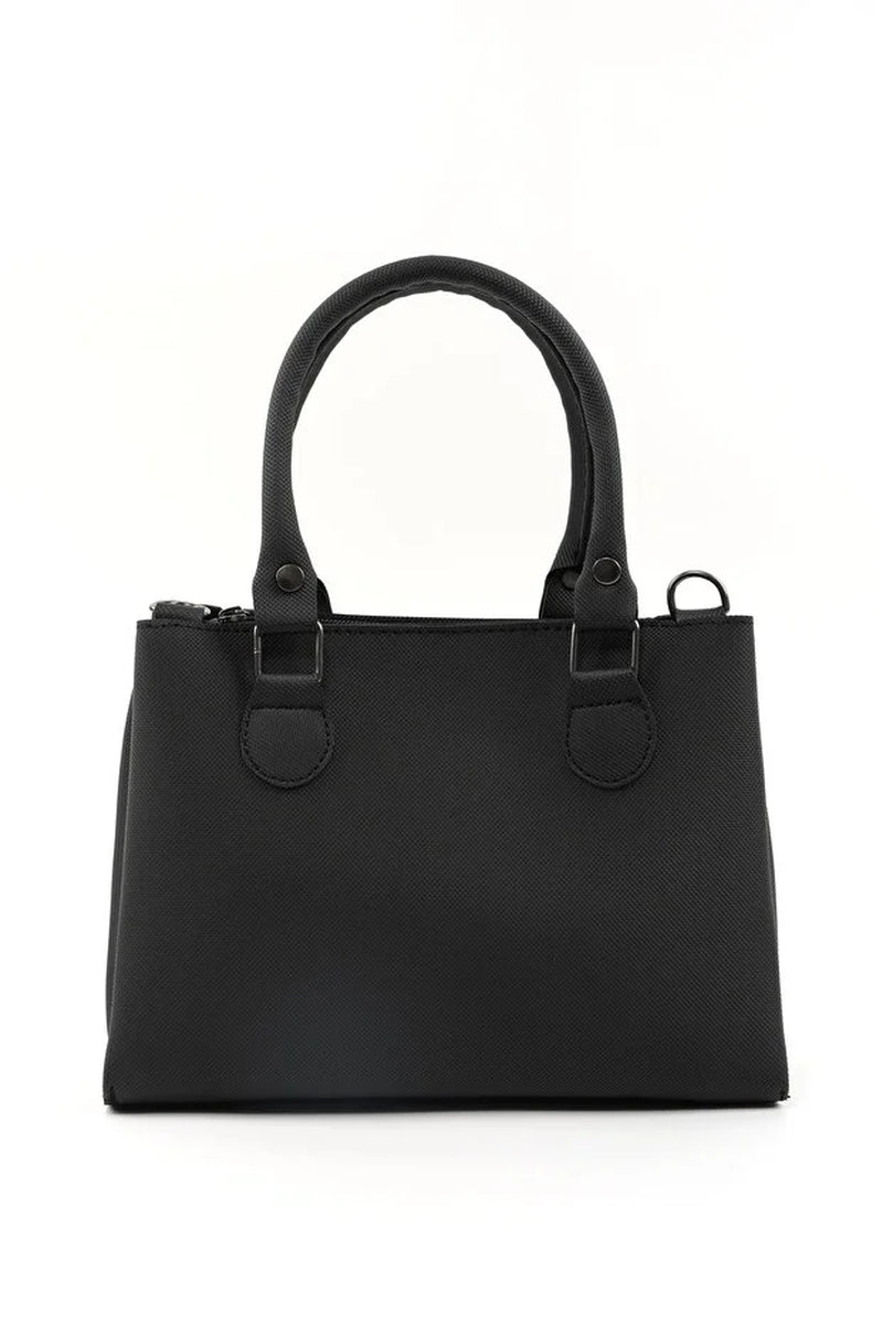 Black Faux Leather Zippered Handbag with 3 Compartments Adjustable Strap Hand Arm and Shoulder Bag