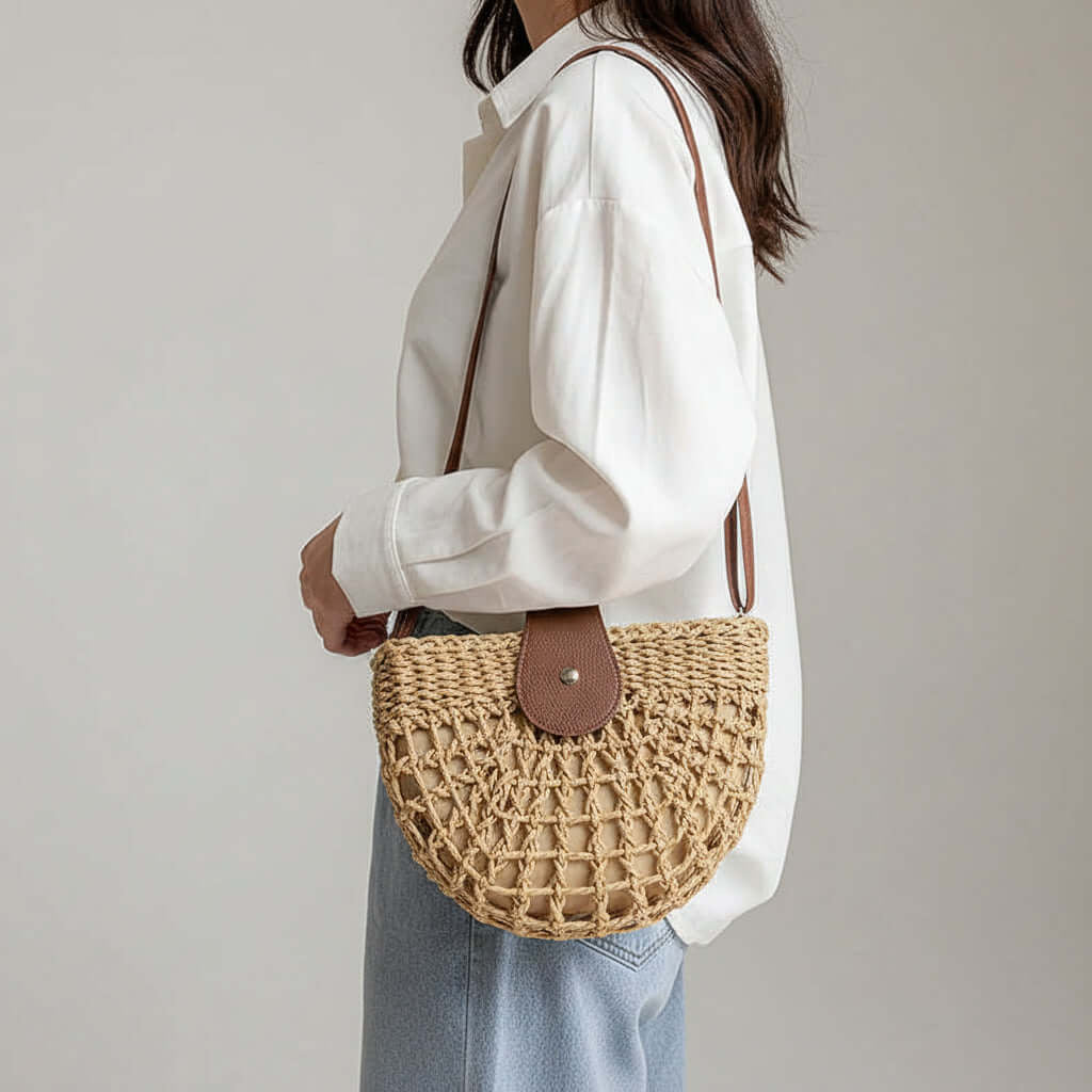 Semicircle Straw Crossbody Bag Hollow Out Cutout Woven Shoulder Bag