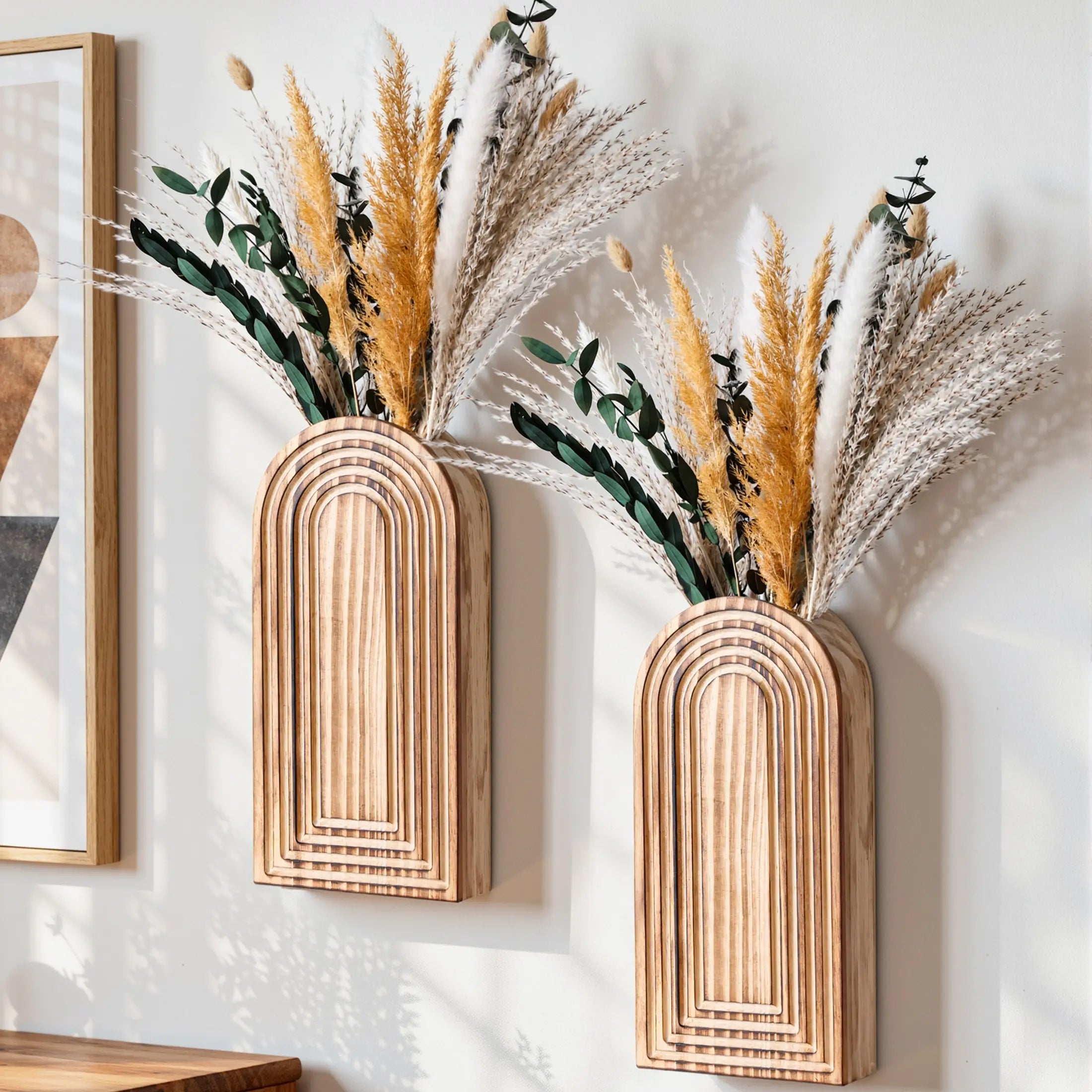 Ivydale 2 Pack Wooden Wall Vases with Fake Plants, Wall Hanging Planters Boho Modern Farmhouse Indoor for Narrow Spaces Entryway Bathroom Home Office Decoration, Brown