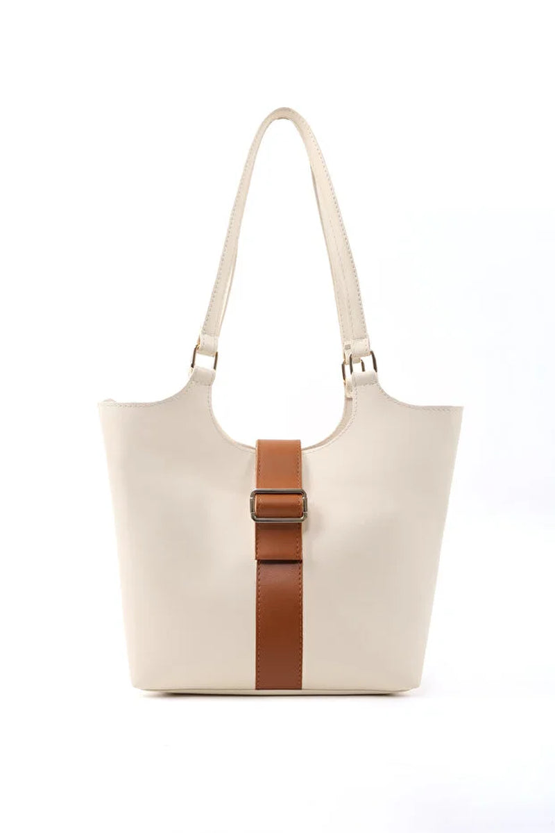 Brown Faux Leather Snap Closure Crossbody Hand Bag Single Compartment Shoulder, Arm and Handbag White