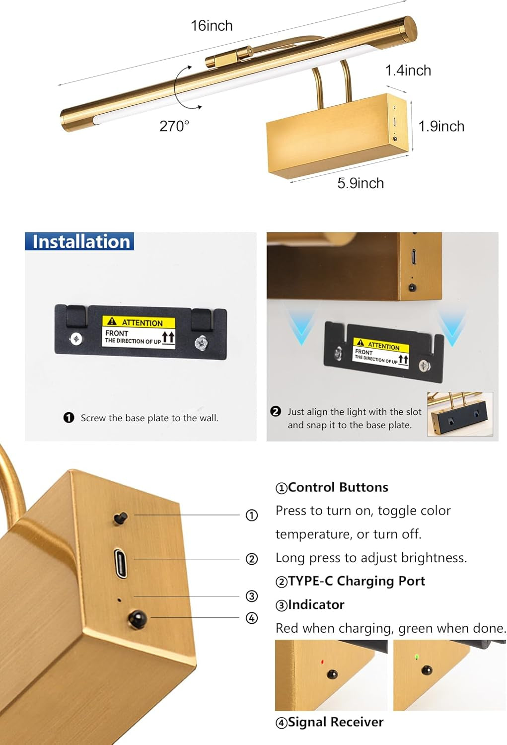 Battery Operated Picture Light for Wall 16 Inch Wireless Art Lighting Brass Painting Light Gold Dimmable Gallery Lights Rechargeable Picture Frame Light with IR Remote Control