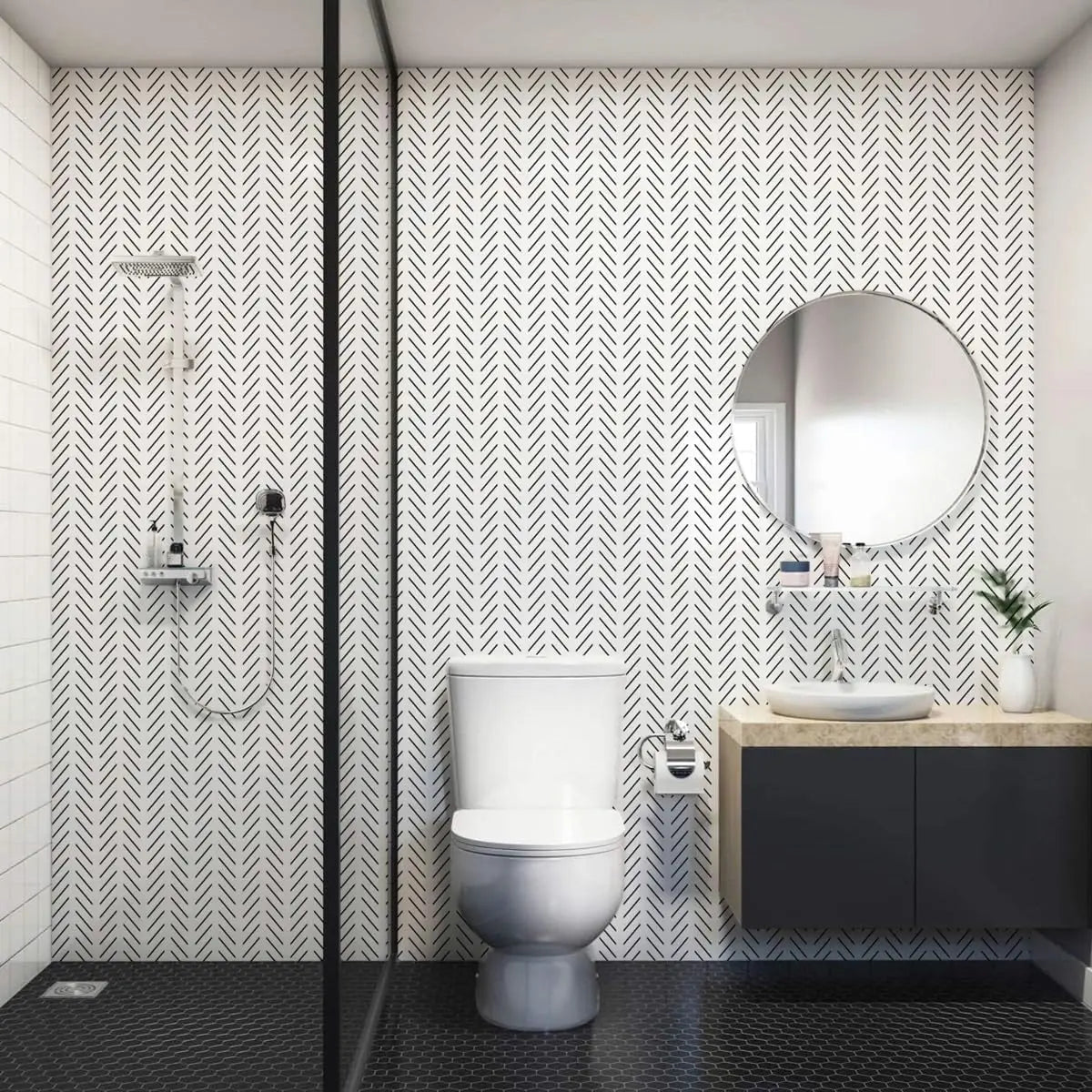 Erfoni Black and White Peel and Stick Wallpaper Modern Herringbone Contact Paper Bathroom 17.7Inch X 118.1Inch Geometric Removable Wallpaper Peel and Stick Self Adhesive Contact Paper for Accent Wall