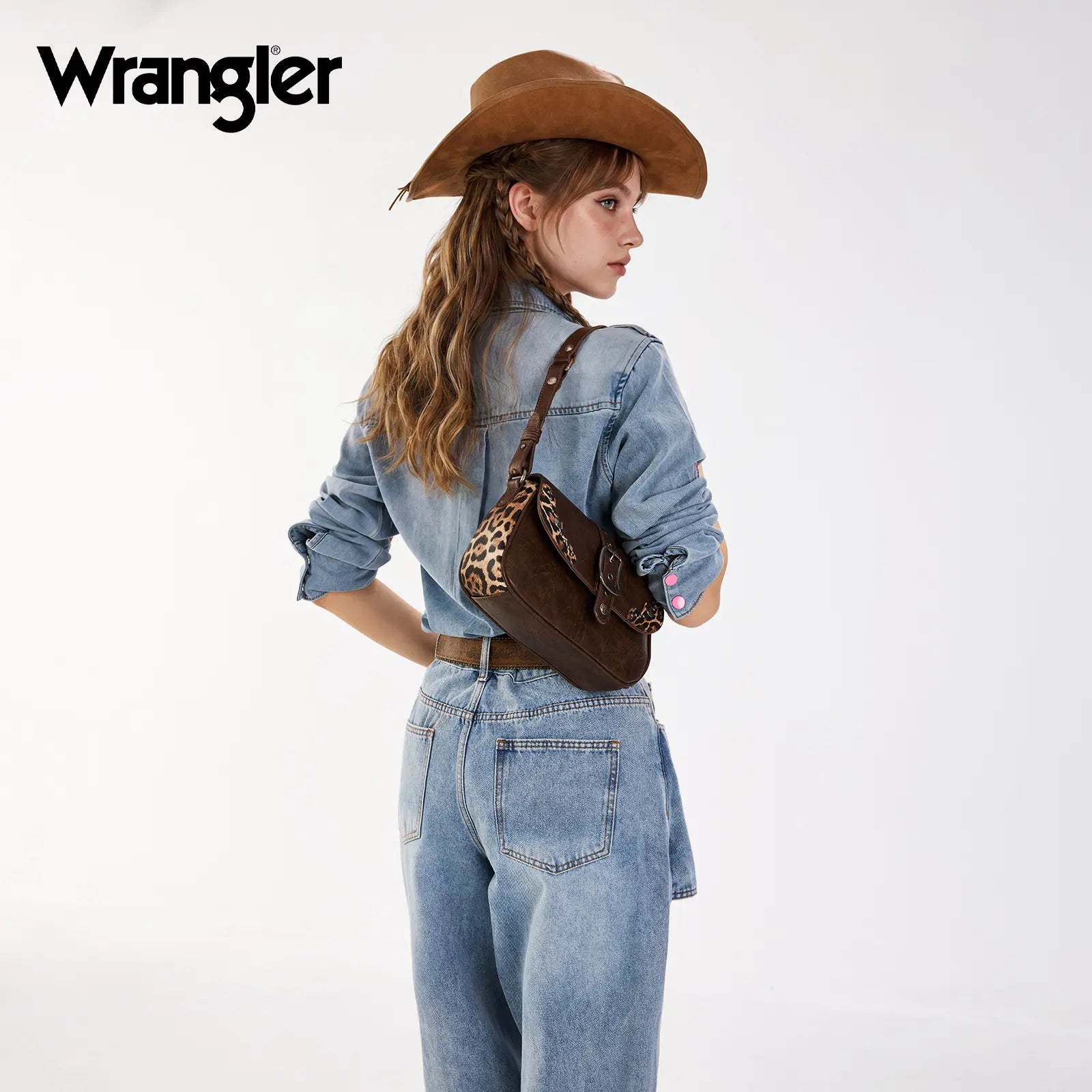 Wrangler Shoulder Bag for Women Leopard Hobo Purse Underarm Handbag with Buckle, Studs & Crossbody Strap