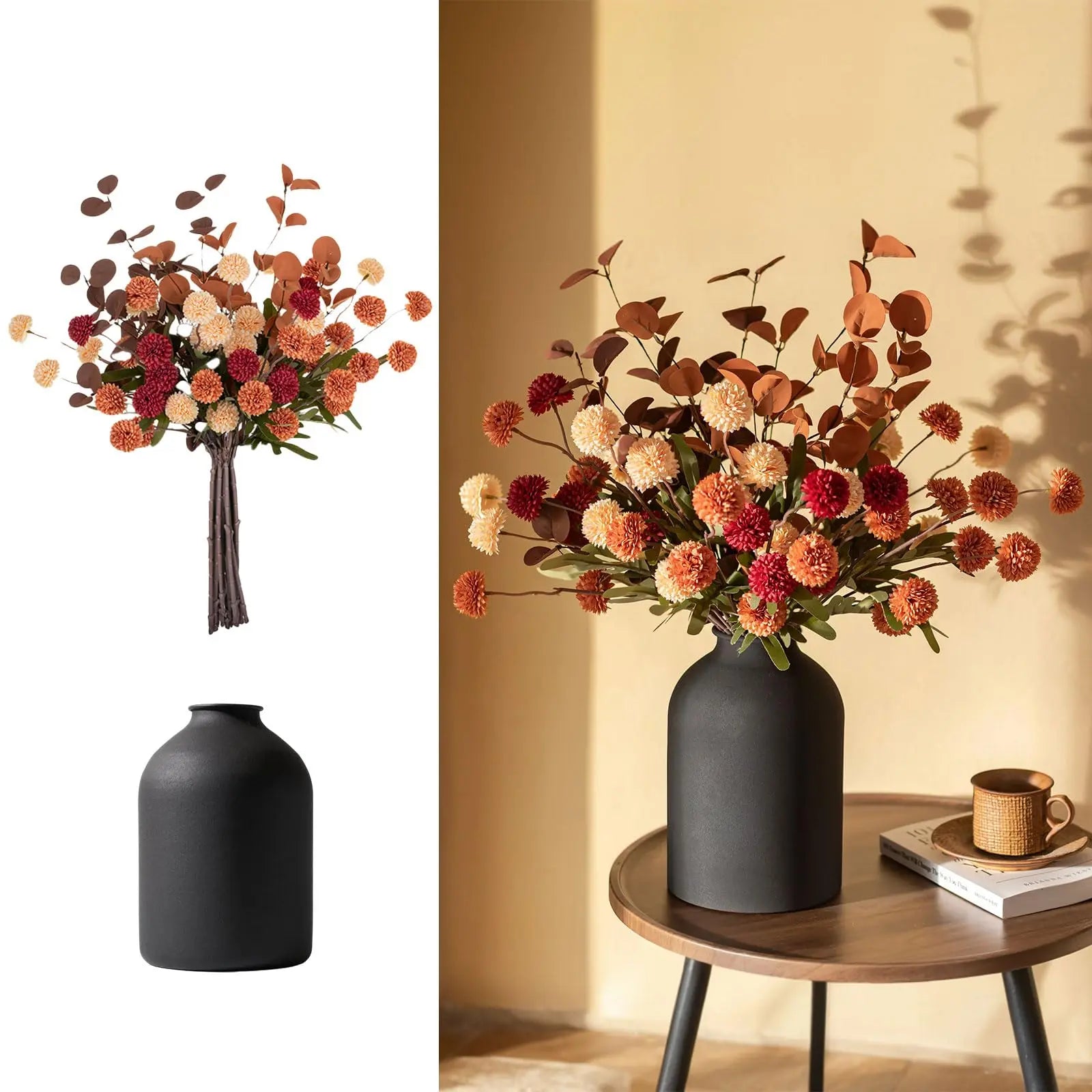 Artificial Flowers in Vase for Centerpieces: Vase with 12 Stems of Mums Kiku Flowers Eucalyptuses Faux Pom Poms Floral Arrangements for Kitchen Island Entryway Table