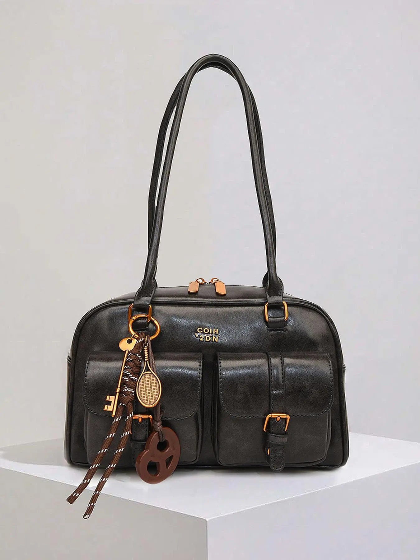 Retro Style Double Pocket Handbag, Fashionable Underarm Shoulder Bag with Pendant, Simple and Versatile Single Shoulder Baguette Bag, Niche Design Suitable for College Students, Office Workers Daily Commuting, Casual Fashion Bag, Etc.