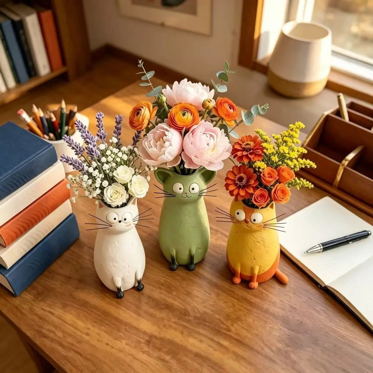 Exquisite and Quirky Little Cat Vase Home Desk Resin Decorative Piece Unique Design for Home Office Settings Lightweight Durable Material Whimsical Decor Swan Flower Arrangement White