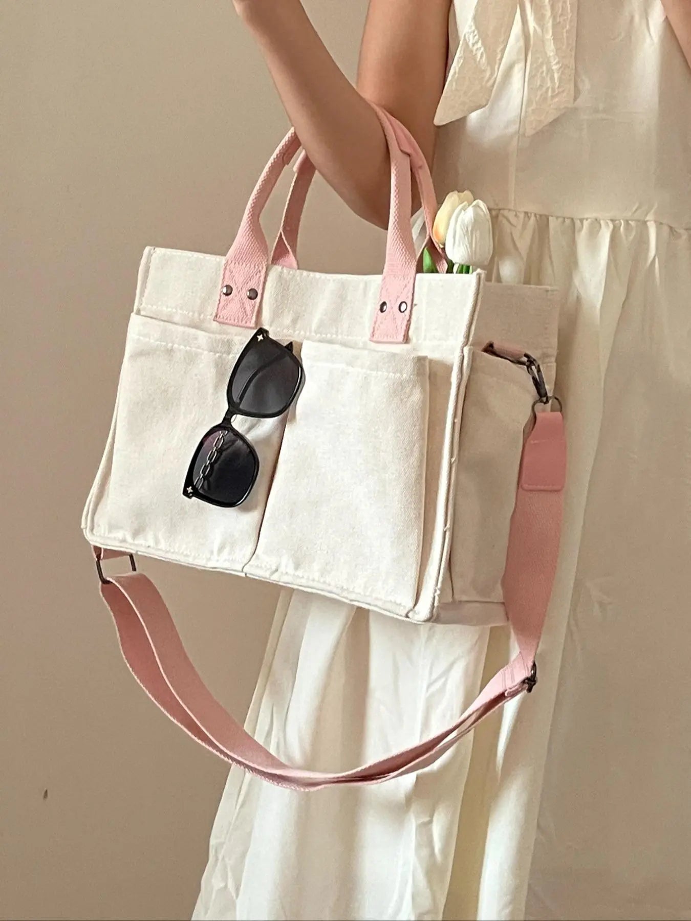 2024 Women'S Solid Color Canvas Tote Bag for School with Removable Bottom Compartment, Large Capacity Oversize Trendy Shoulder Bag for College