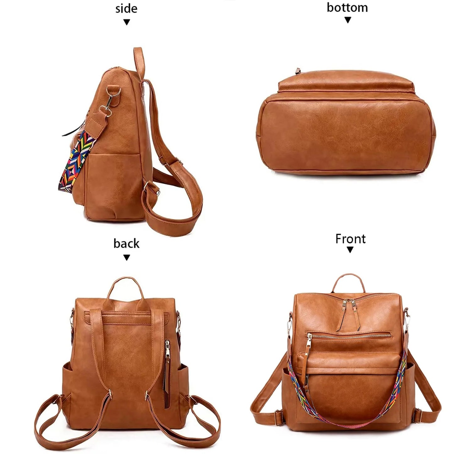 Backpack Purse for Women Fashion Waterproof PU Leather School Backpack Convertible Shoulder Bags Brown