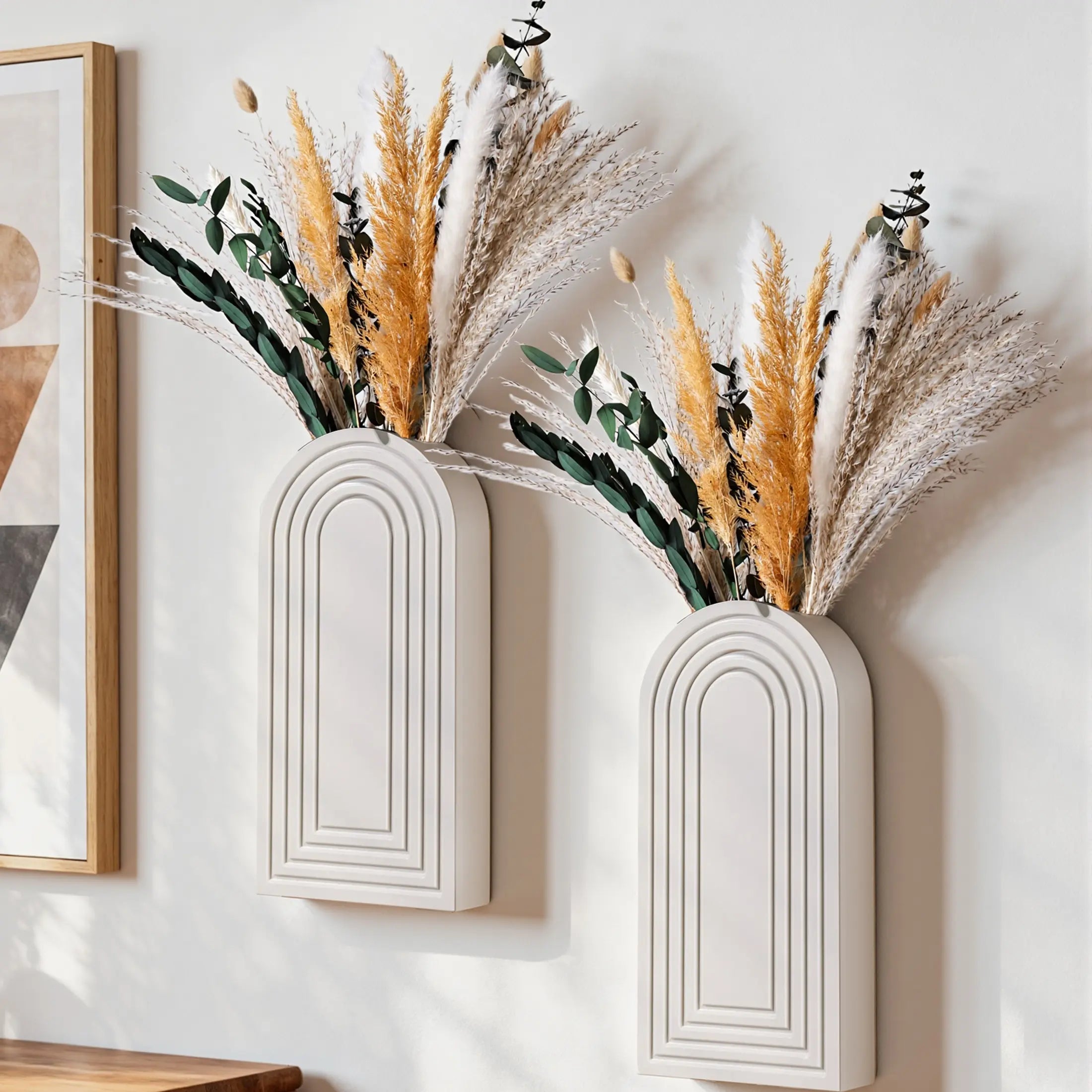 Ivydale 2 Pack Wooden Wall Vases with Fake Plants, Wall Hanging Planters Boho Modern Farmhouse Indoor for Narrow Spaces Entryway Bathroom Home Office Decoration, Brown